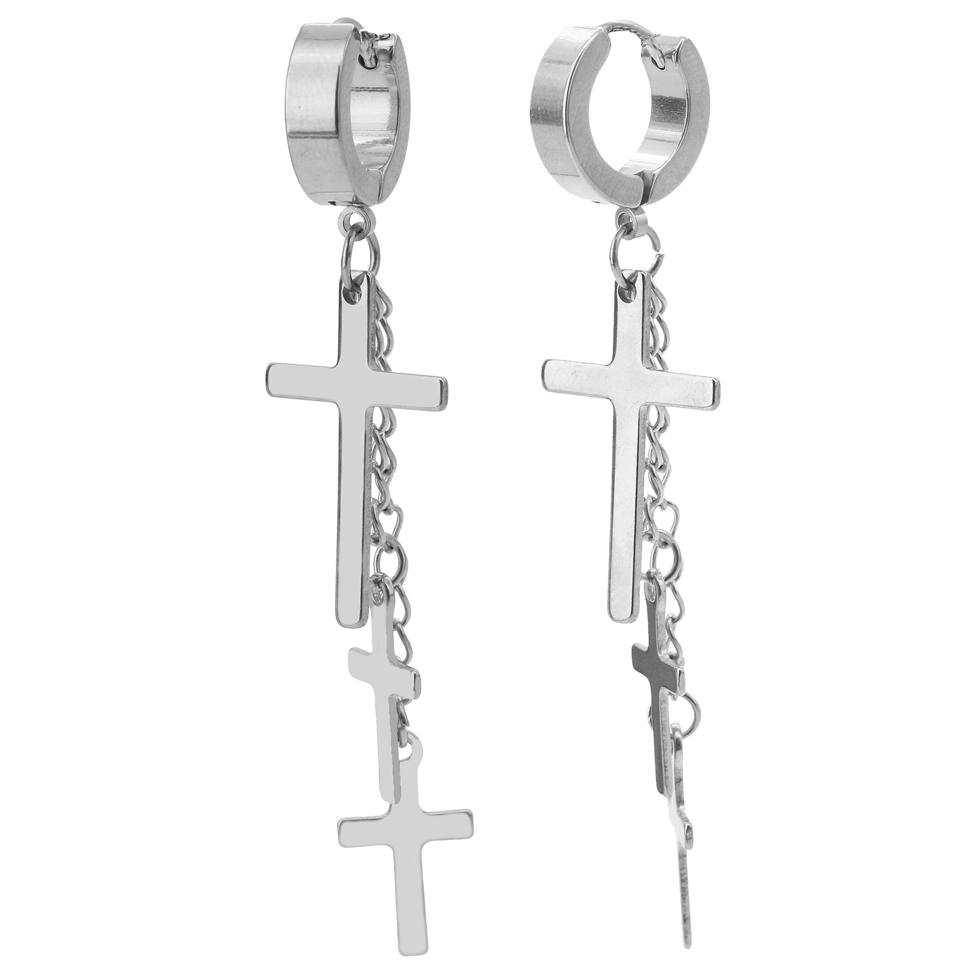 18k Stainless Steel Silver 3 Cross Dangle Huggie Hoop EARRING