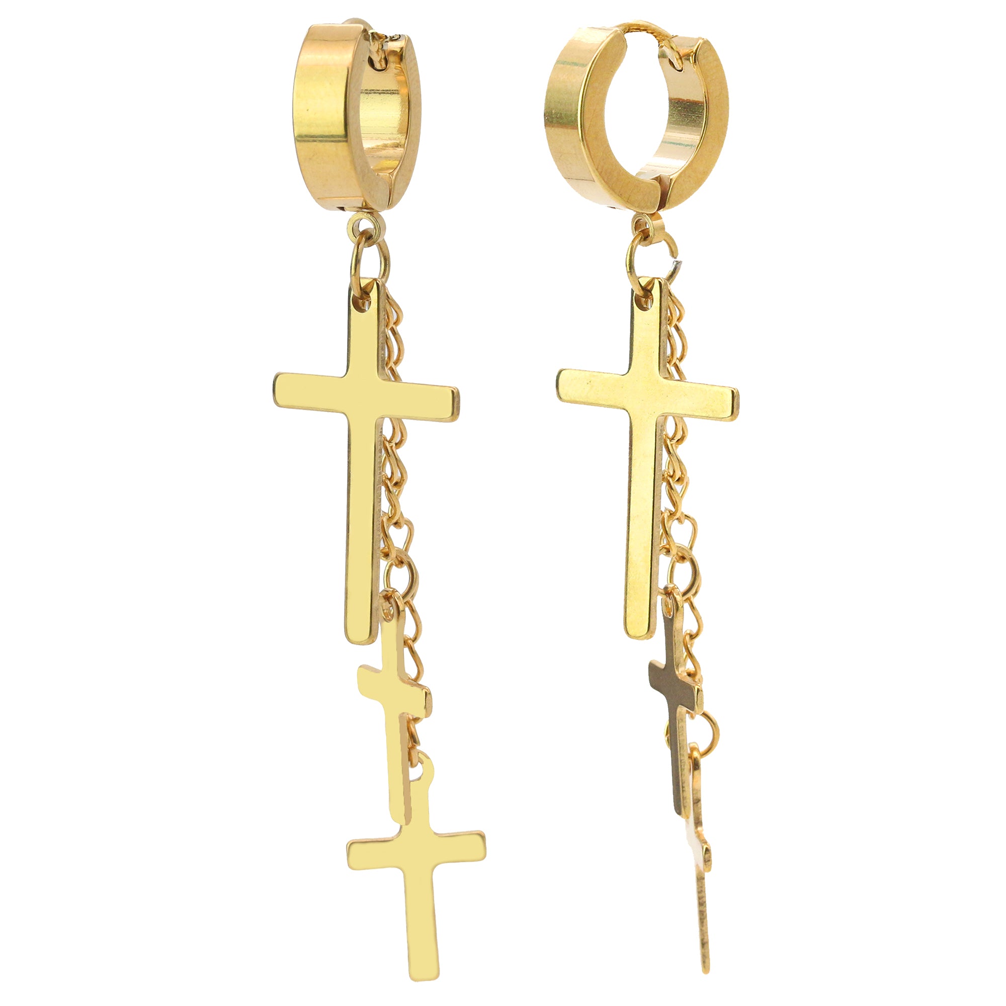18k Stainless Steel Gold 3 Cross Dangle Huggie Hoop EARRING
