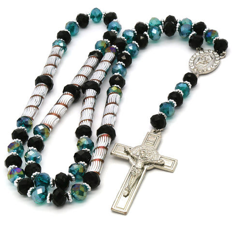 8MM Black/Aqua Crystal Rosary Jesus Medal & SanBenito Cross