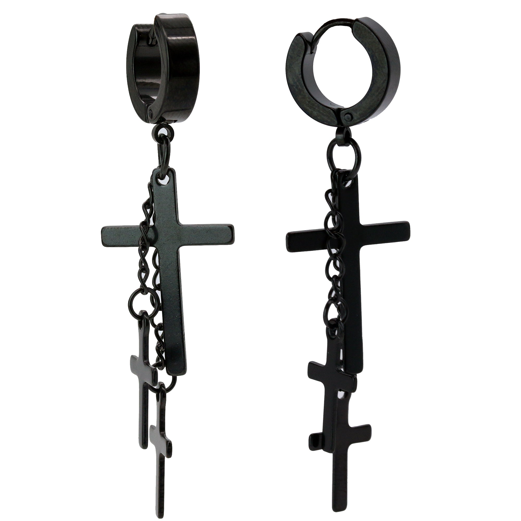 18k Stainless Steel Black 3 Cross Dangle Huggie Hoop EARRING