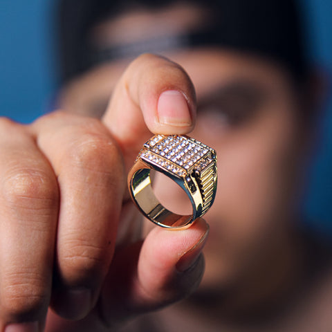 RX Block Iced Ring 14k Gold Plated