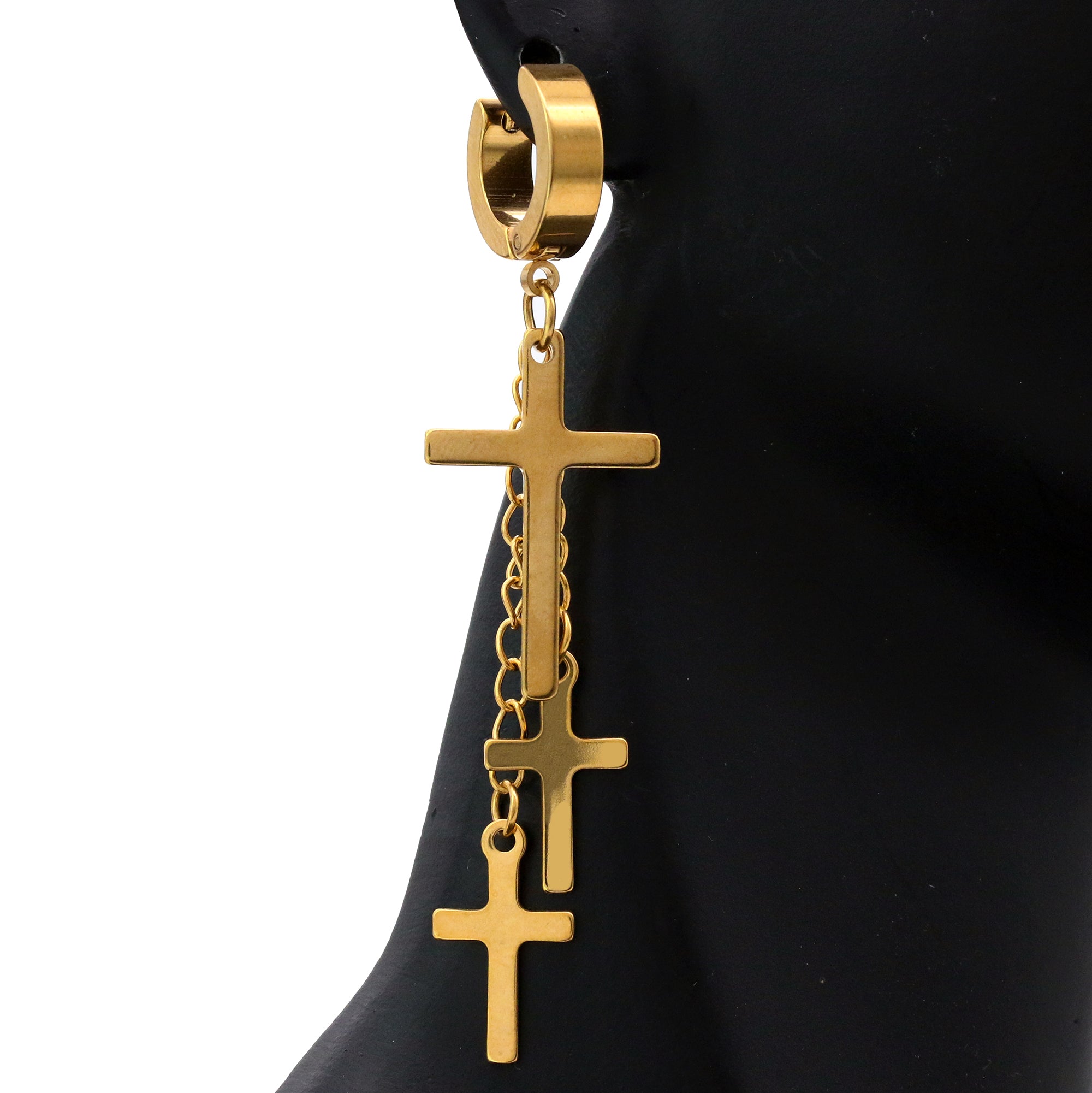 18k Stainless Steel Gold 3 Cross Dangle Huggie Hoop EARRING