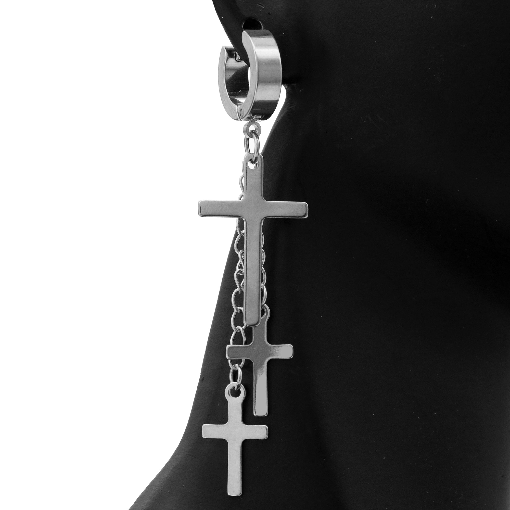 18k Stainless Steel Silver 3 Cross Dangle Huggie Hoop EARRING