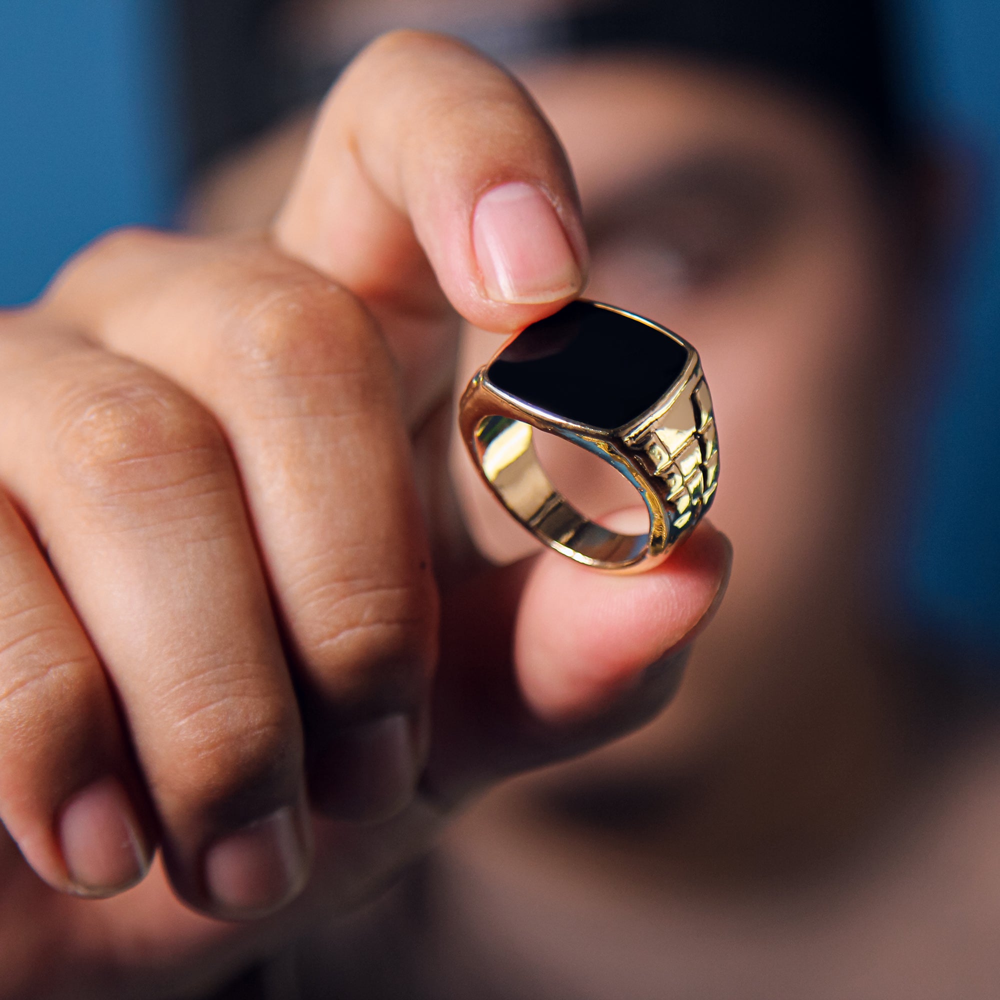 Black Mirror Block Ring 14k Gold Plated