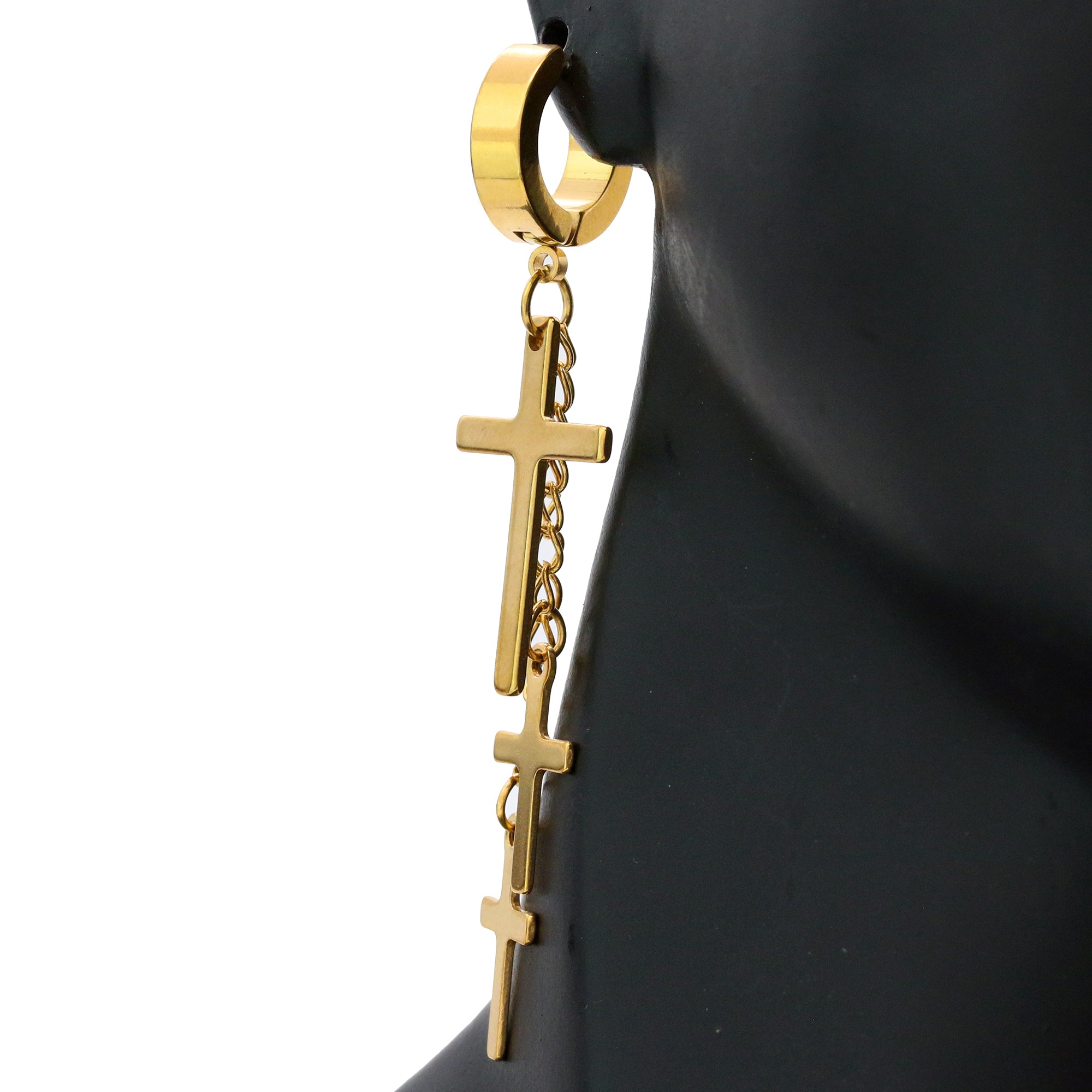 18k Stainless Steel Gold 3 Cross Dangle Huggie Hoop EARRING