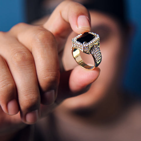 Fully Iced Black Ruby Ring 14k Gold Plated