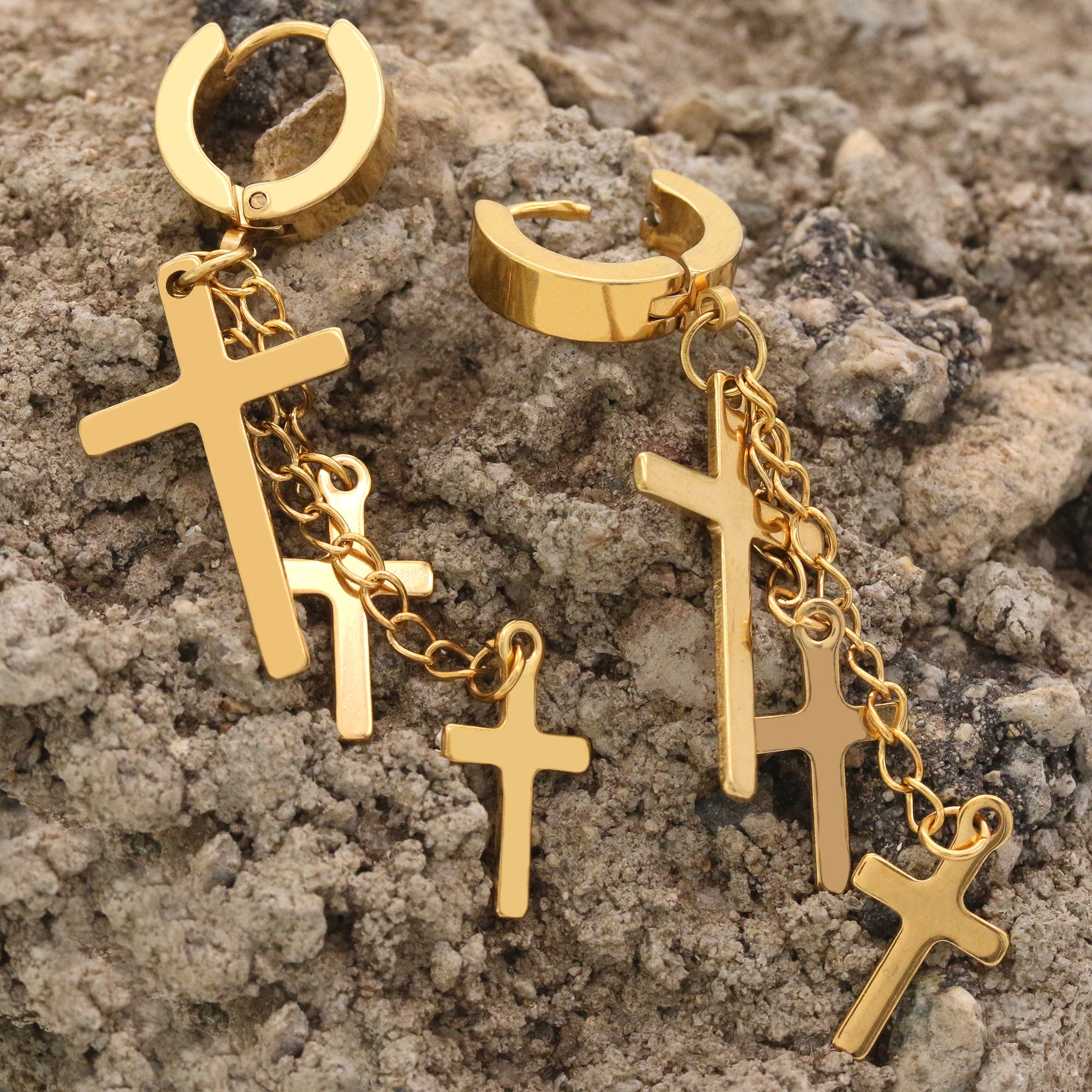 18k Stainless Steel Gold 3 Cross Dangle Huggie Hoop EARRING