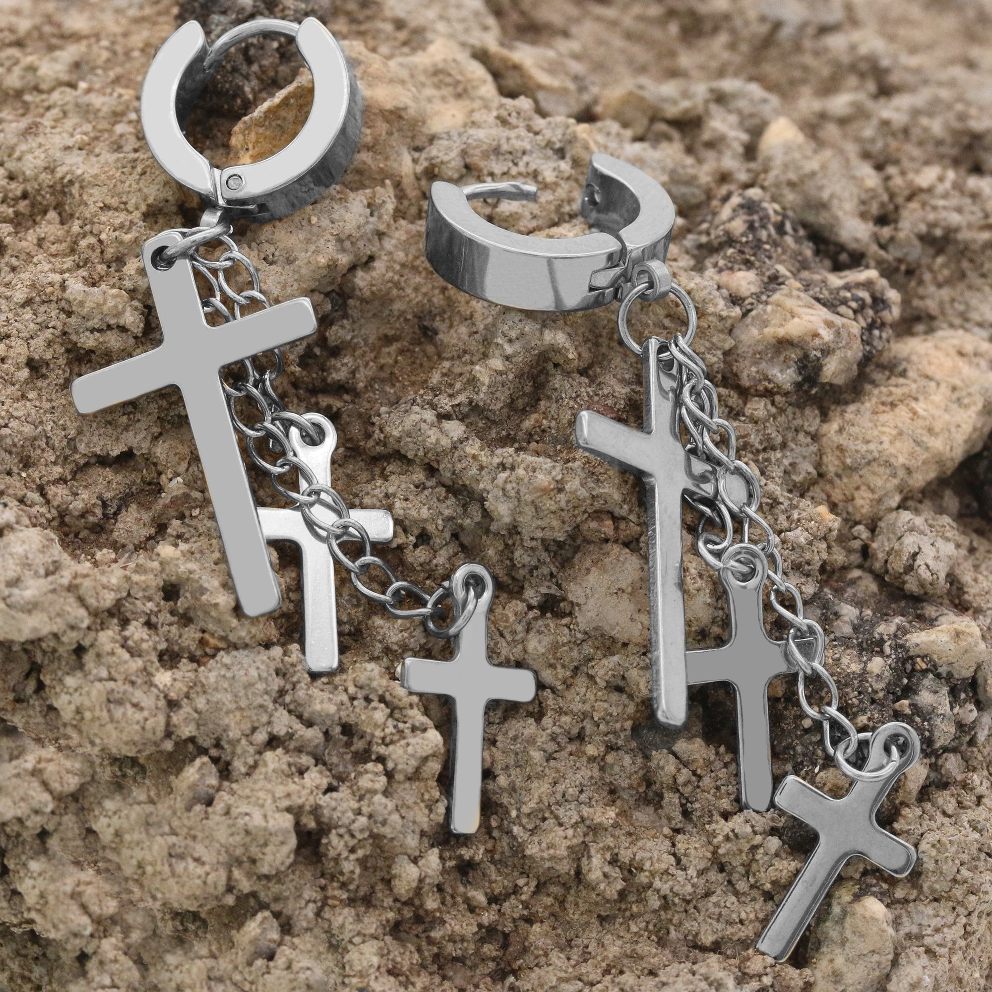 18k Stainless Steel Silver 3 Cross Dangle Huggie Hoop EARRING