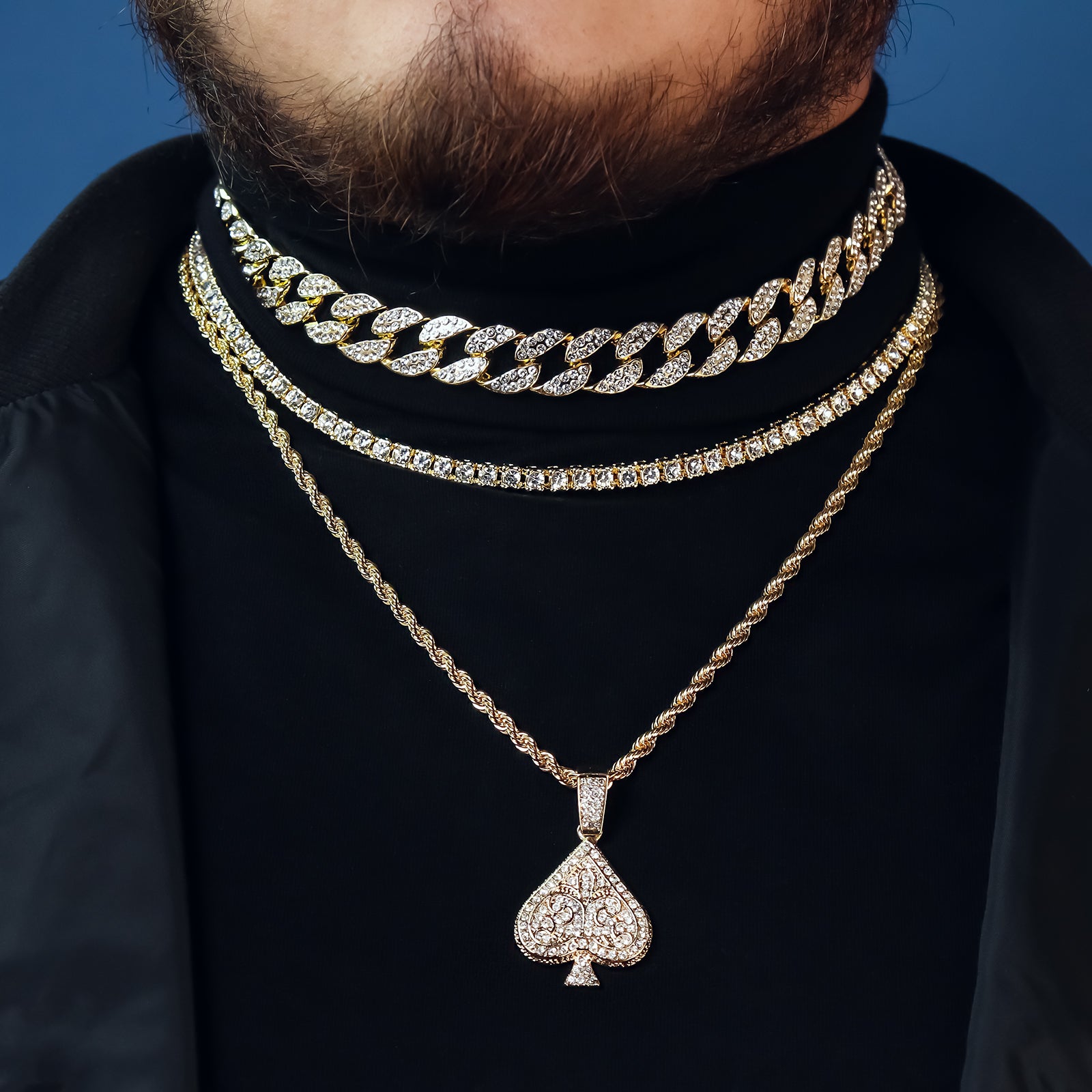 Ace Spades 4 Pcs Set Clear Cz Cuban, Tennis & Rope Chain Bundle Gold PT