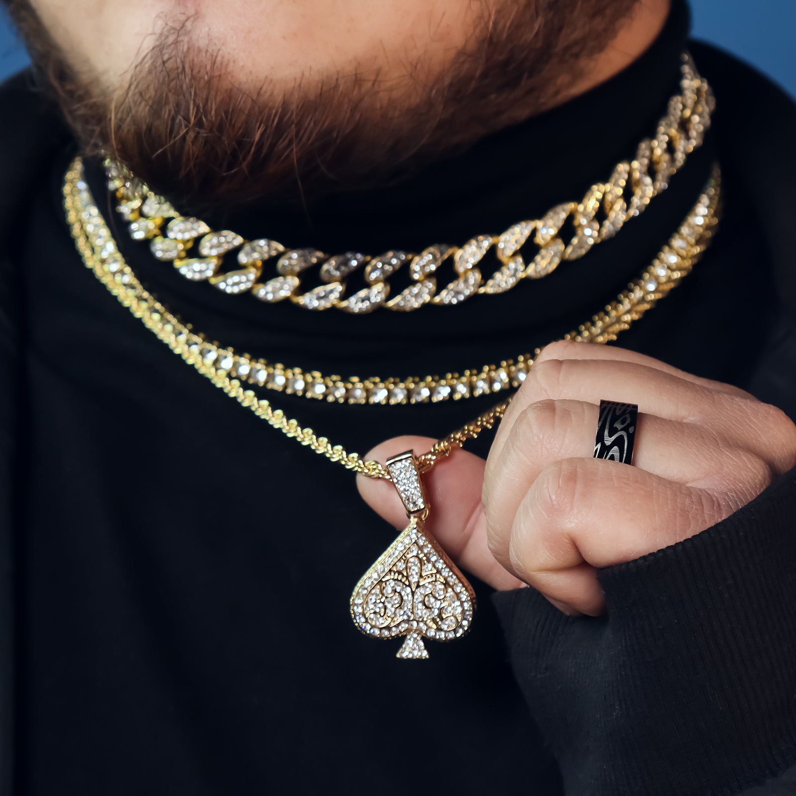 Ace Spades 4 Pcs Set Clear Cz Cuban, Tennis & Rope Chain Bundle Gold PT