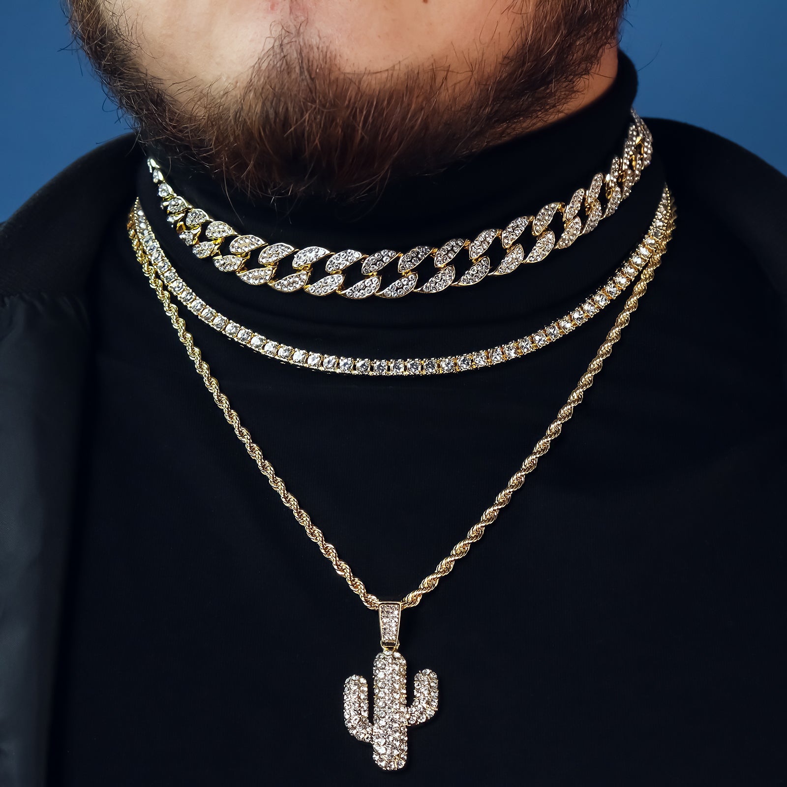 Cactus 4 Pcs Set Clear Cz Cuban, Tennis & Rope Chain Bundle Gold PT