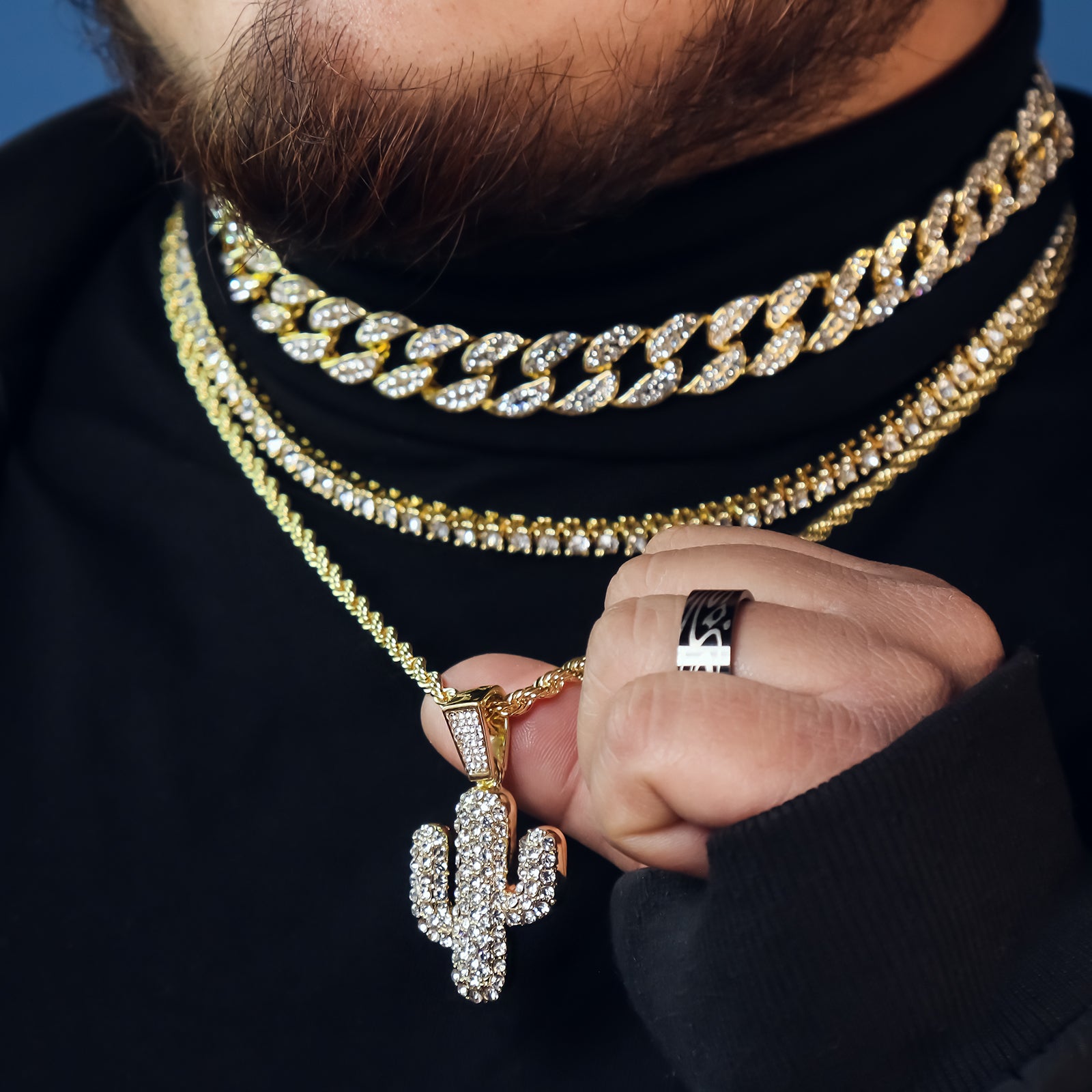 Cactus 4 Pcs Set Clear Cz Cuban, Tennis & Rope Chain Bundle Gold PT
