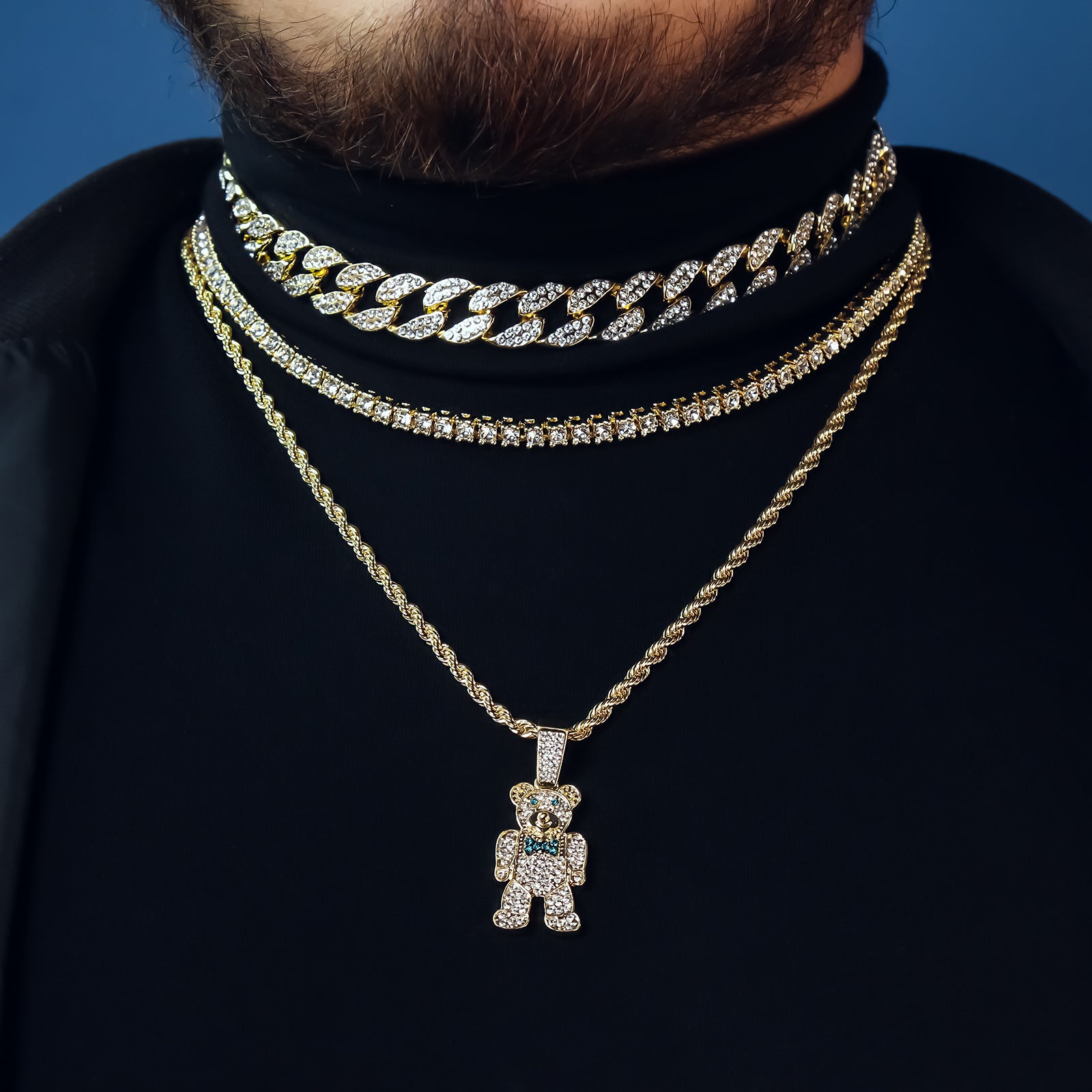 Bear 4 Pcs Set Clear Cz Cuban, Tennis & Rope Chain Bundle Gold PT