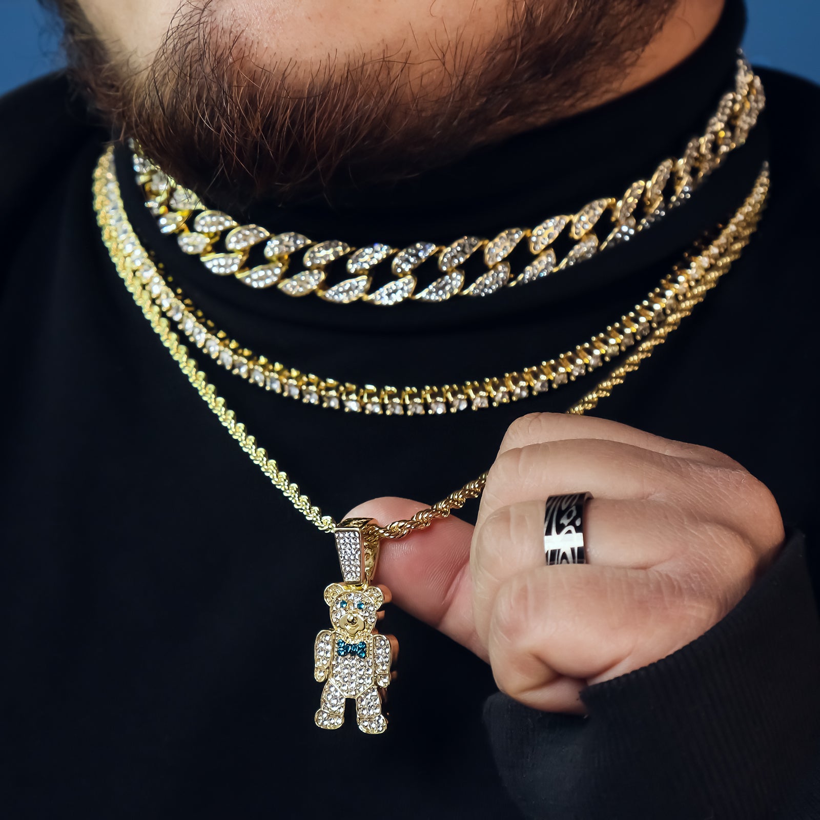 Bear 4 Pcs Set Clear Cz Cuban, Tennis & Rope Chain Bundle Gold PT