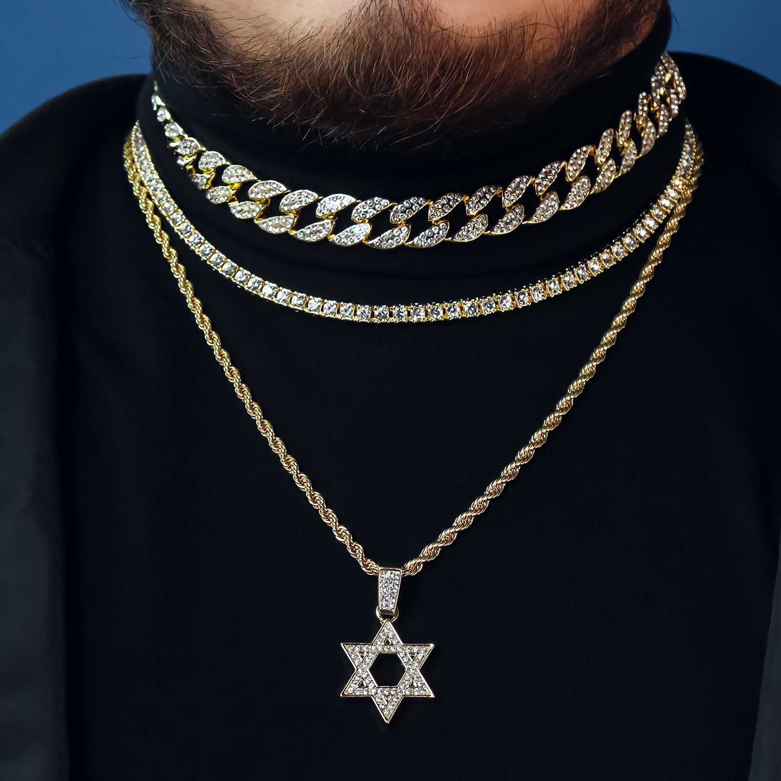Star Of David 4 Pcs Set Clear Cz Cuban, Tennis & Rope Chain Bundle Gold PT