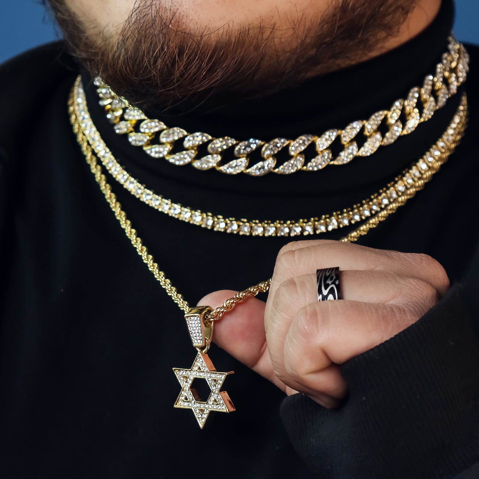 Star Of David 4 Pcs Set Clear Cz Cuban, Tennis & Rope Chain Bundle Gold PT
