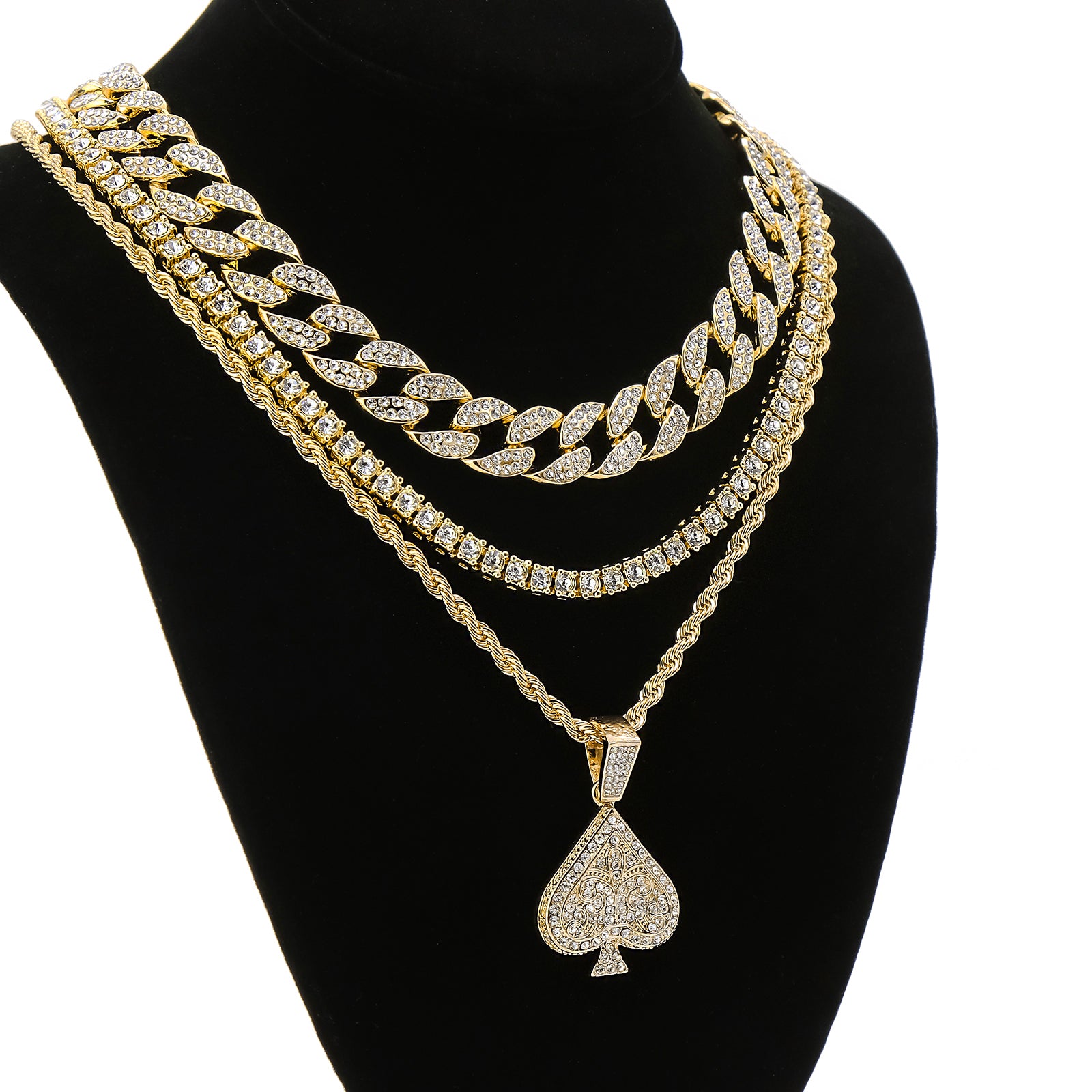 Ace Spades 4 Pcs Set Clear Cz Cuban, Tennis & Rope Chain Bundle Gold PT