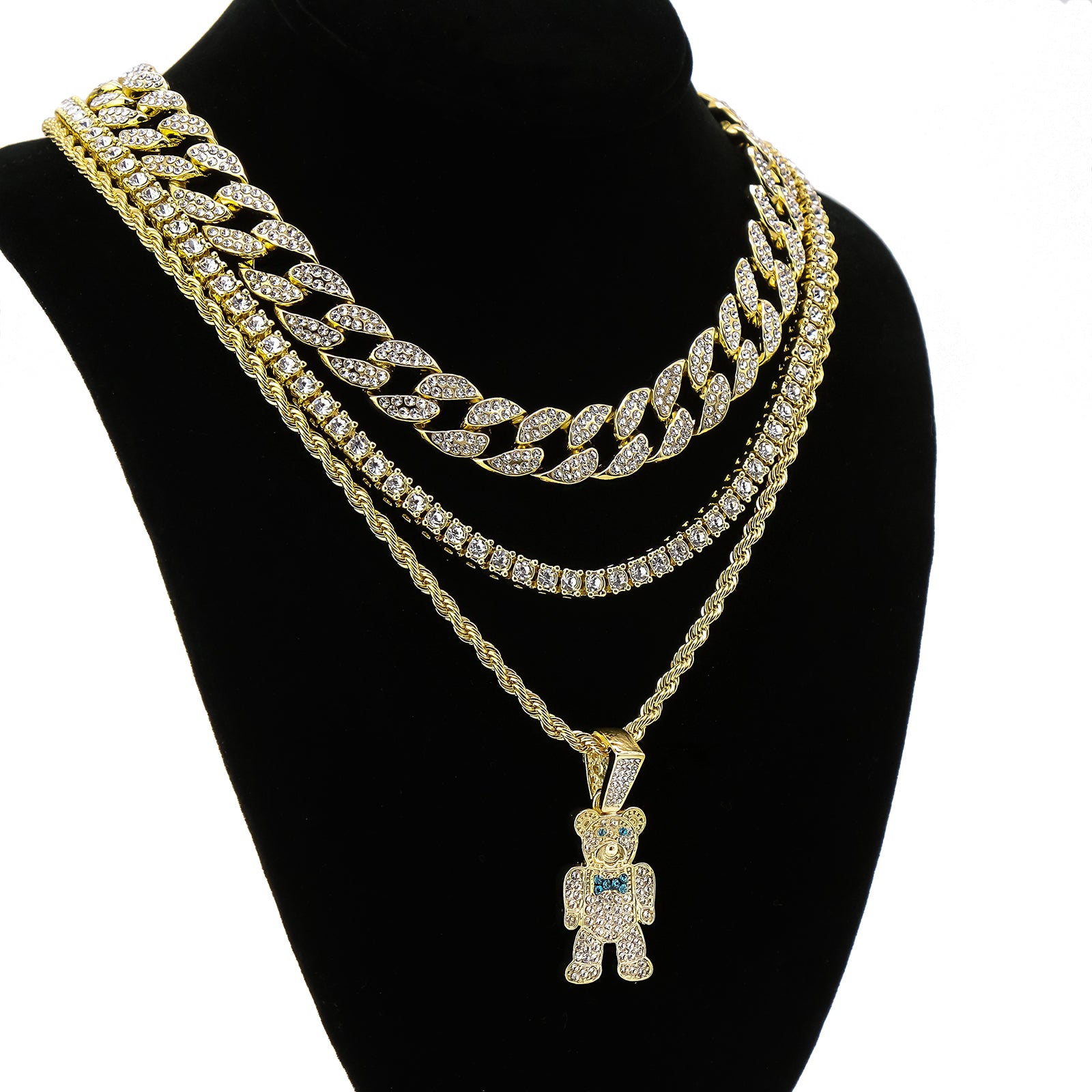 Bear 4 Pcs Set Clear Cz Cuban, Tennis & Rope Chain Bundle Gold PT