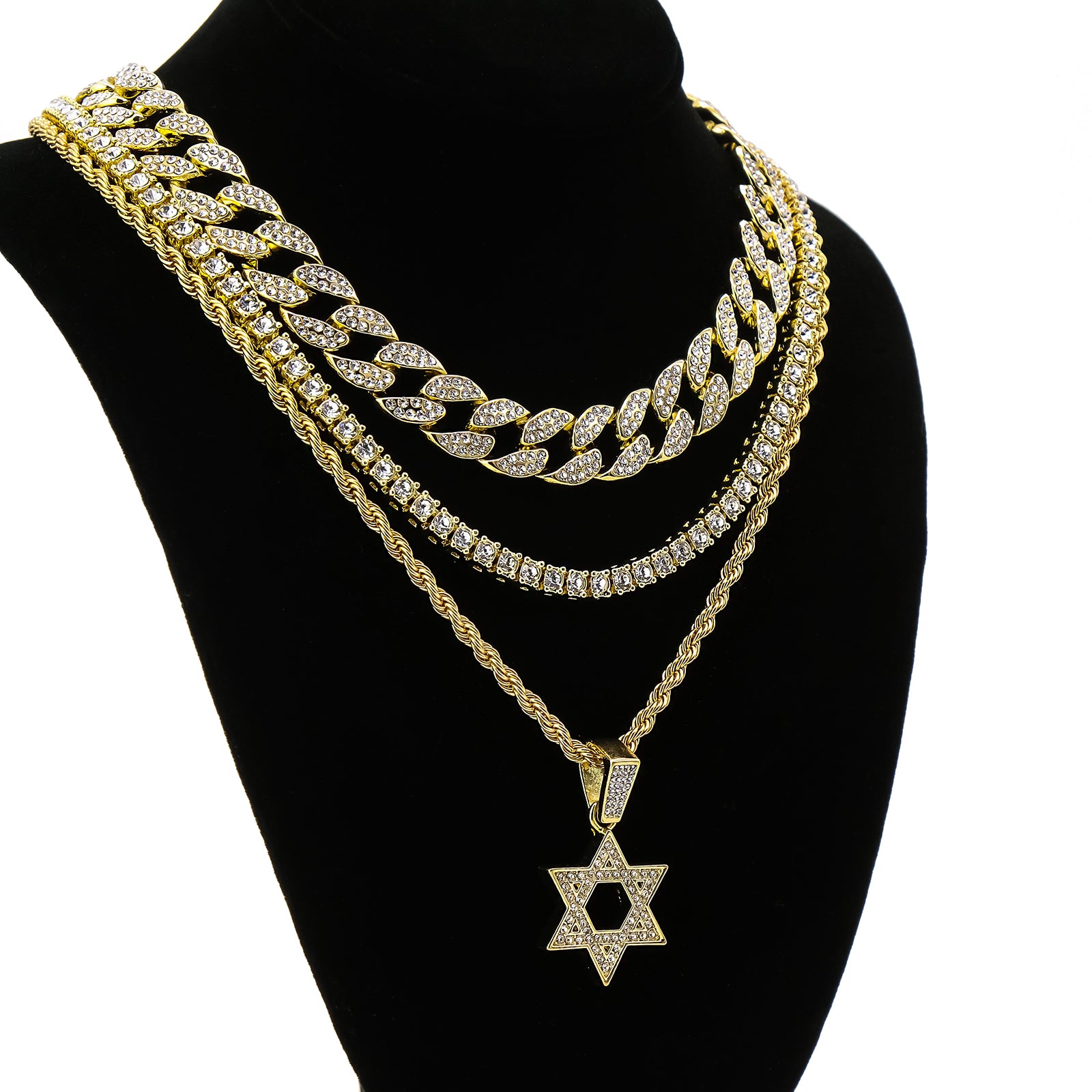 Star Of David 4 Pcs Set Clear Cz Cuban, Tennis & Rope Chain Bundle Gold PT