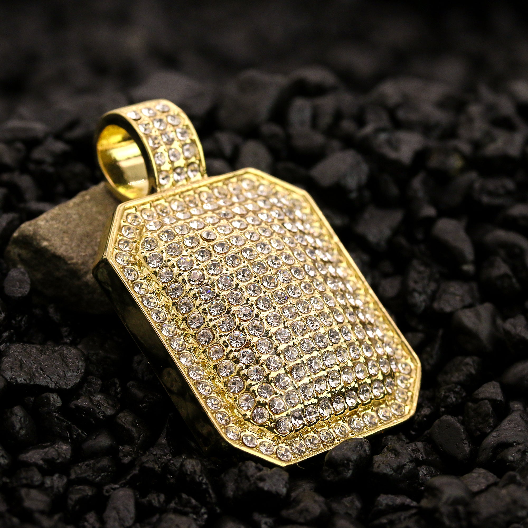 Fully Cz Dog Tag Pendant 30" Rope Chain Hip Hop Style 18k Gold Plated