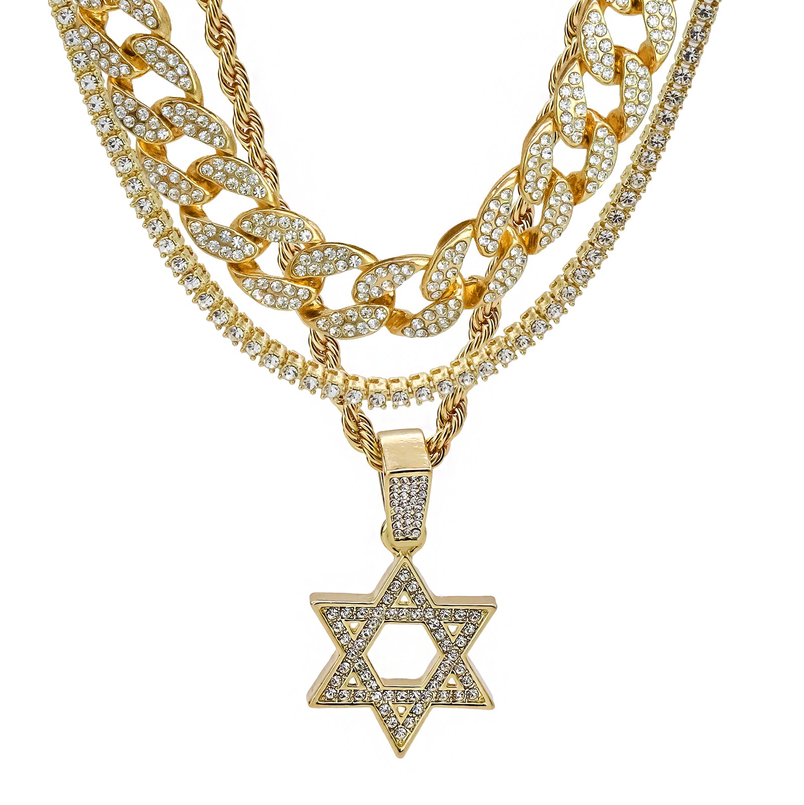 Star Of David 4 Pcs Set Clear Cz Cuban, Tennis & Rope Chain Bundle Gold PT