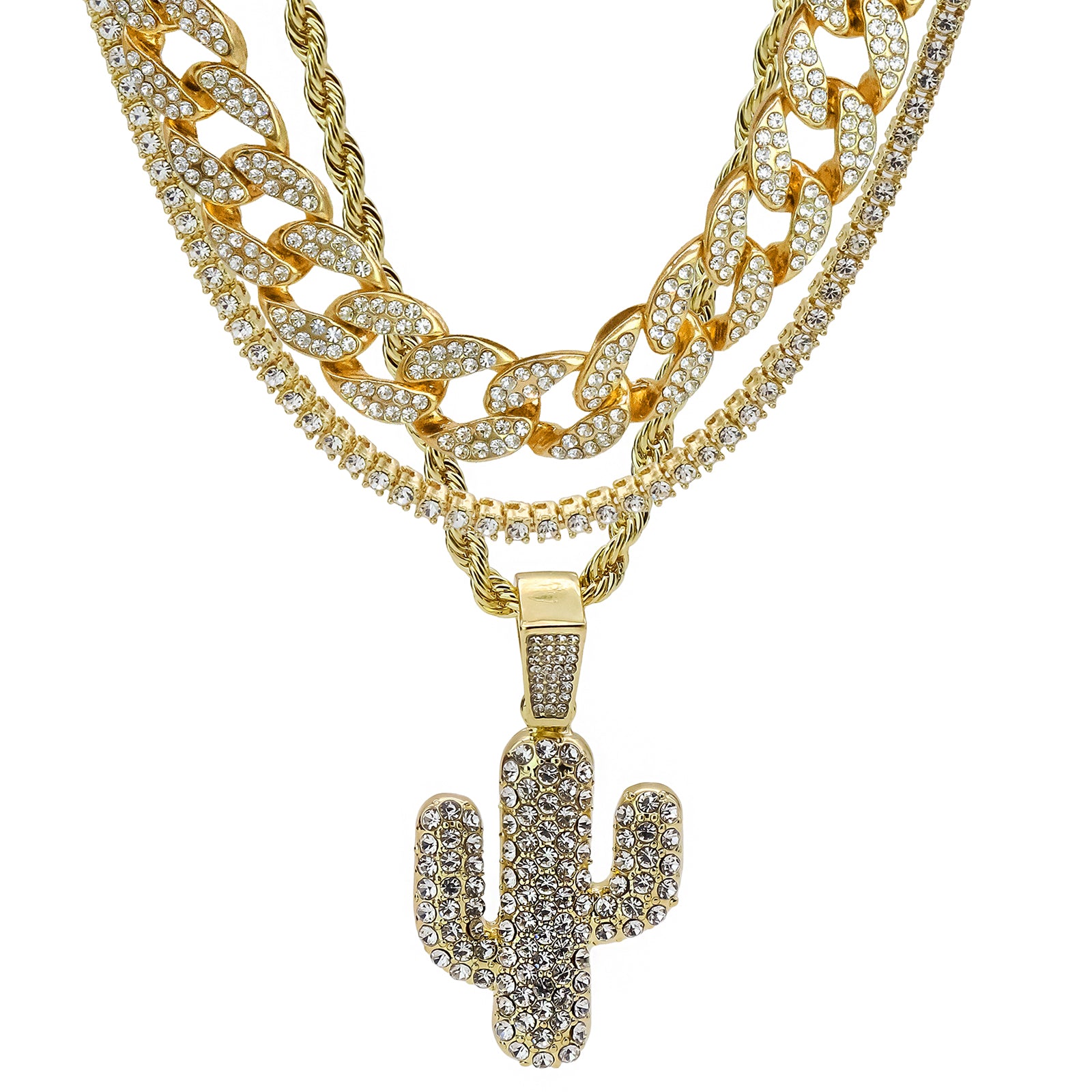 Cactus 4 Pcs Set Clear Cz Cuban, Tennis & Rope Chain Bundle Gold PT