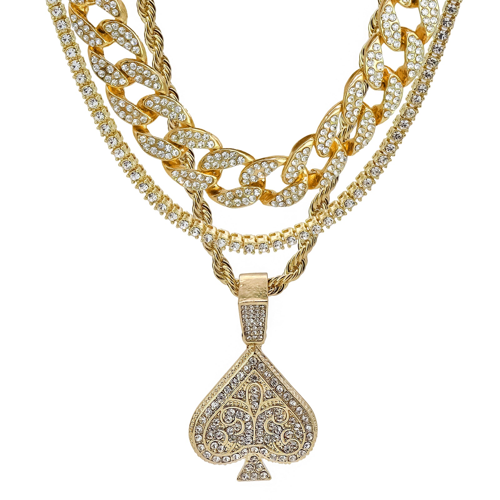 Ace Spades 4 Pcs Set Clear Cz Cuban, Tennis & Rope Chain Bundle Gold PT