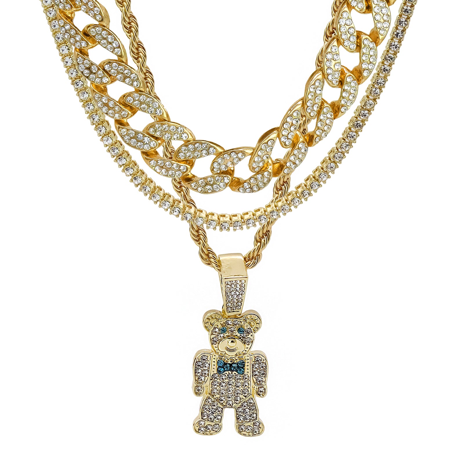 Bear 4 Pcs Set Clear Cz Cuban, Tennis & Rope Chain Bundle Gold PT
