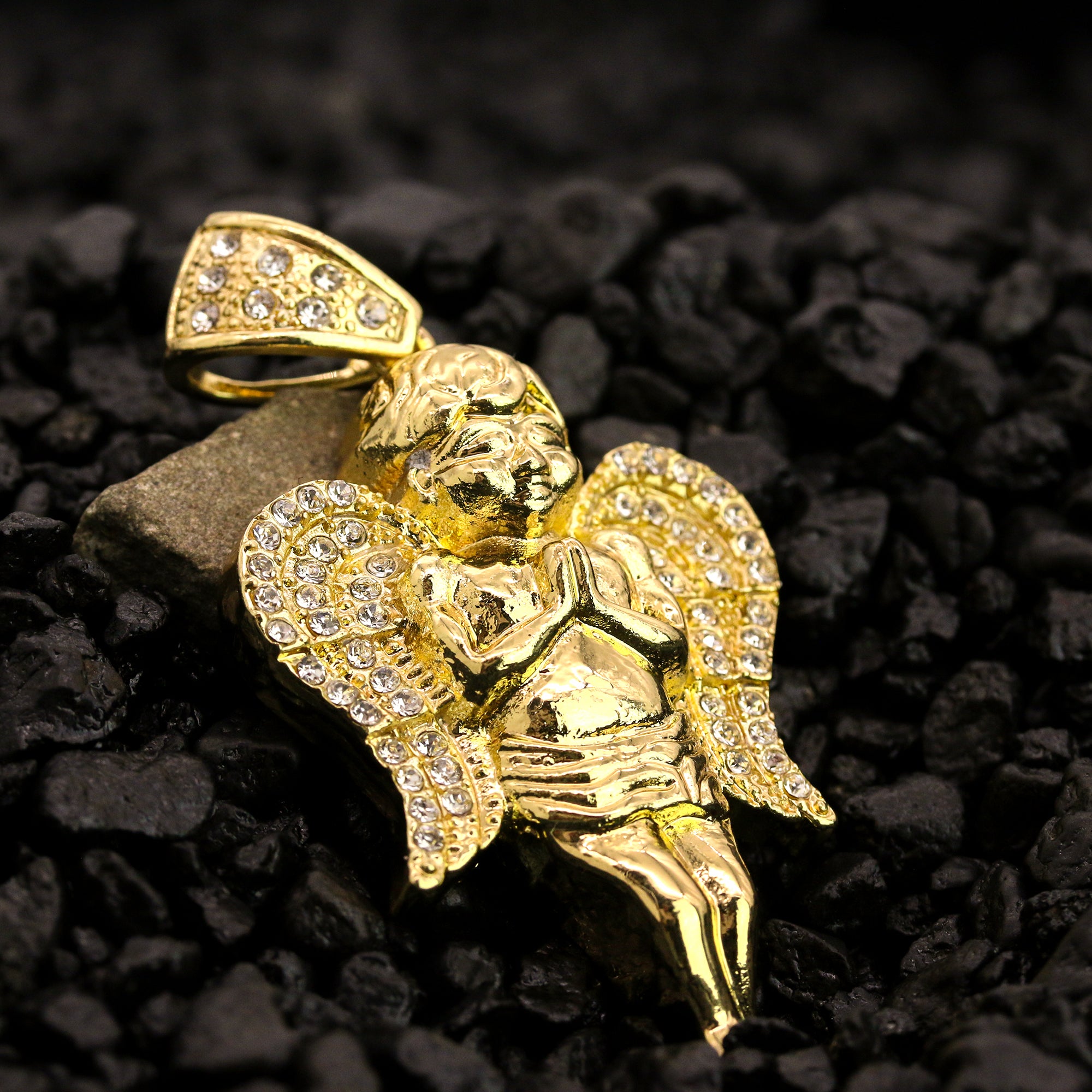 Angel Iced Wings Pendant 30" Rope Chain Hip Hop Style 18k Gold Plated
