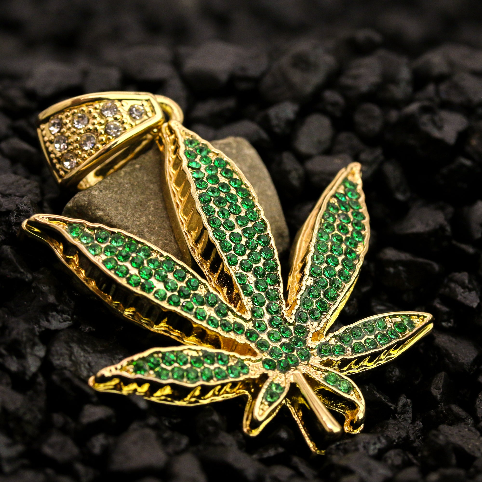 Green Marijuana Leaf Pendant 30" Rope Chain Hip Hop Style 18k Gold Plated