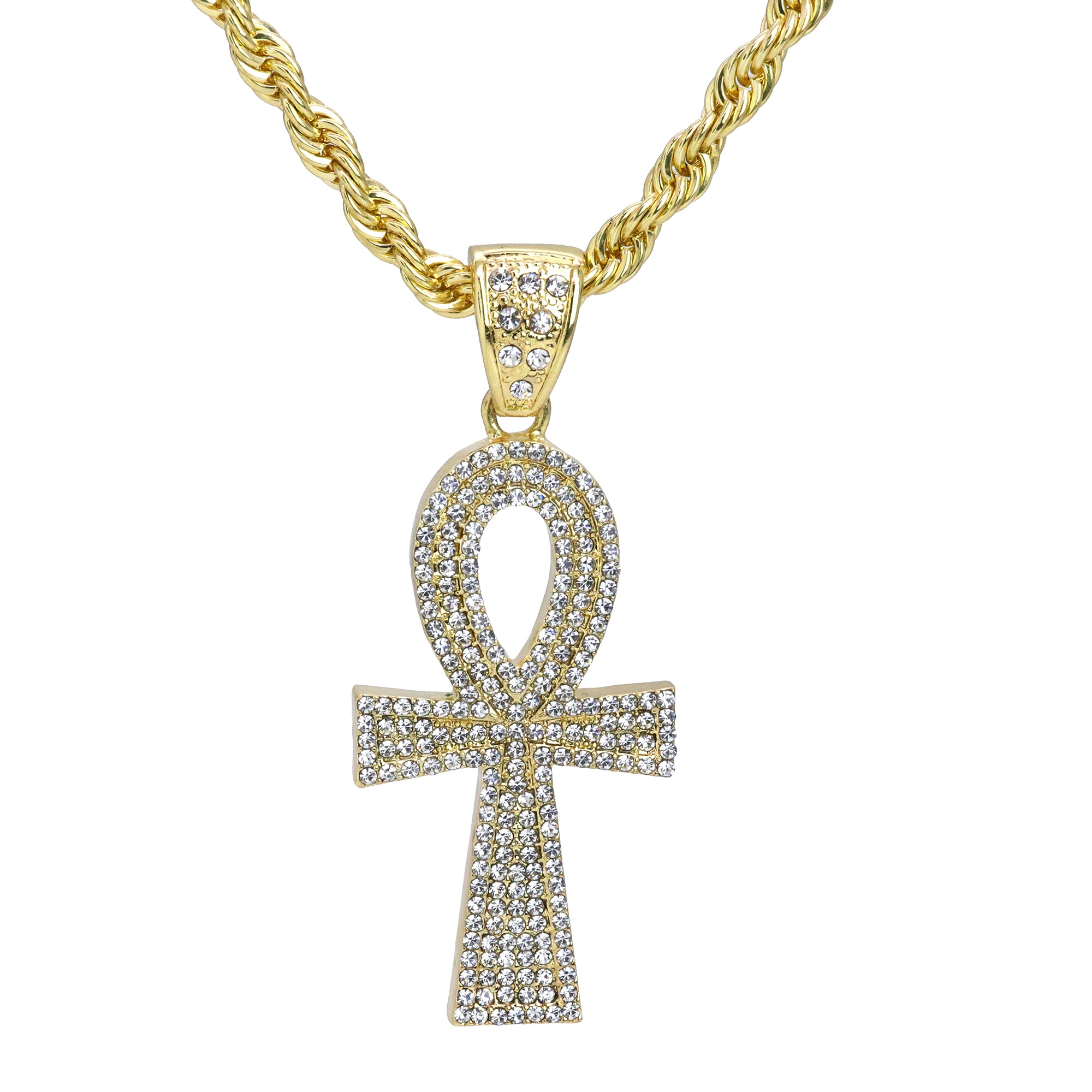 Ankh Iced Out Pendant 30" Rope Chain Hip Hop Style 18k Gold Plated