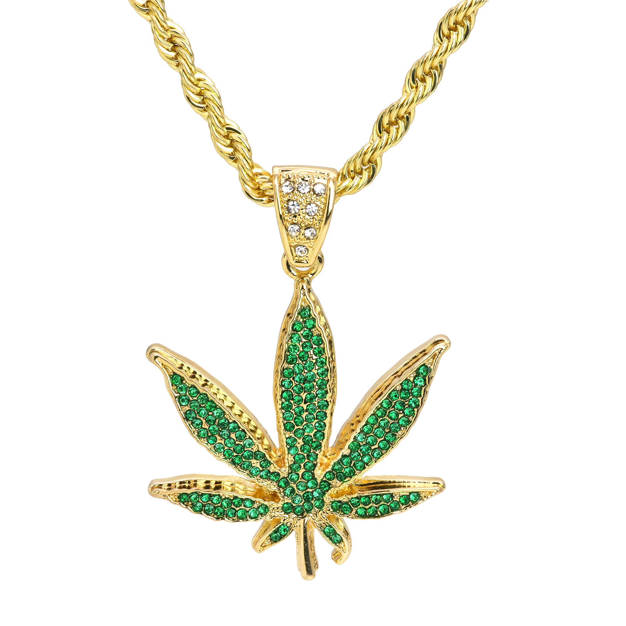 Green Marijuana Leaf Pendant 30" Rope Chain Hip Hop Style 18k Gold Plated