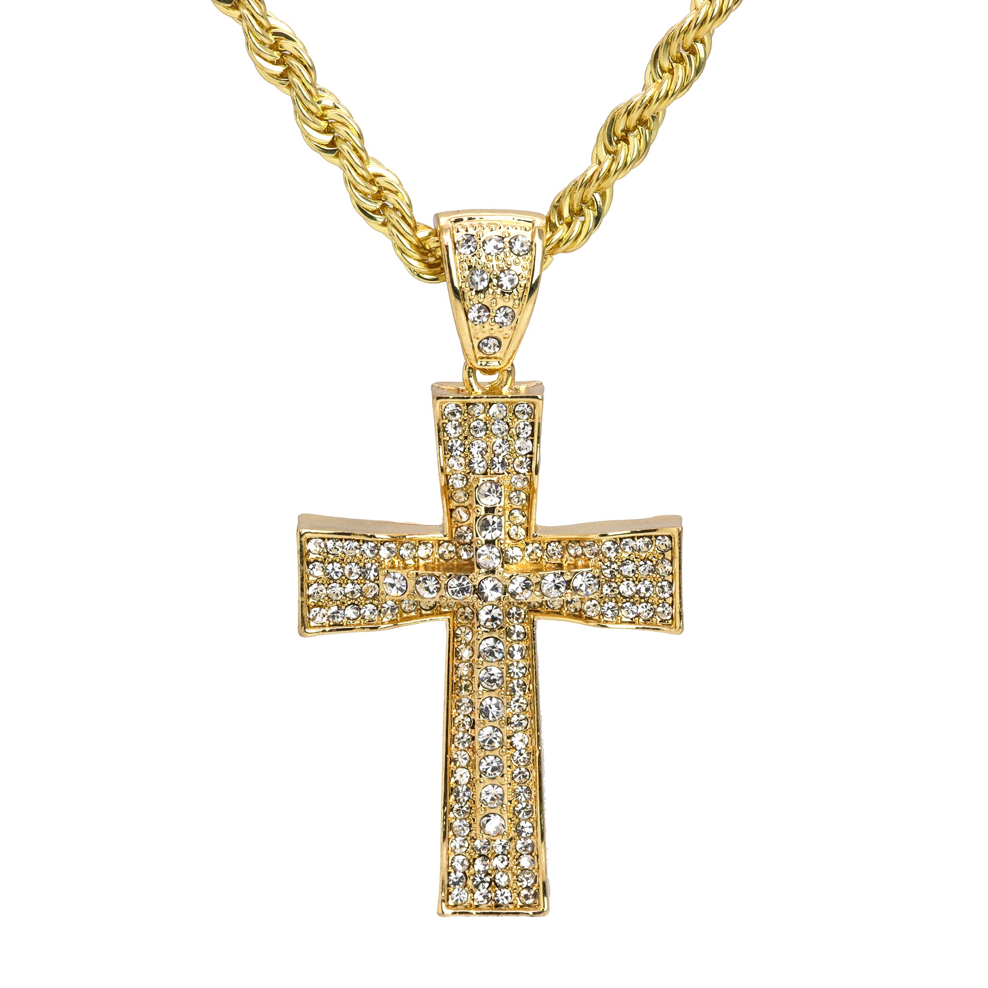 Two Cross Curved Pendant 30" Rope Chain Hip Hop Style 18k Gold Plated