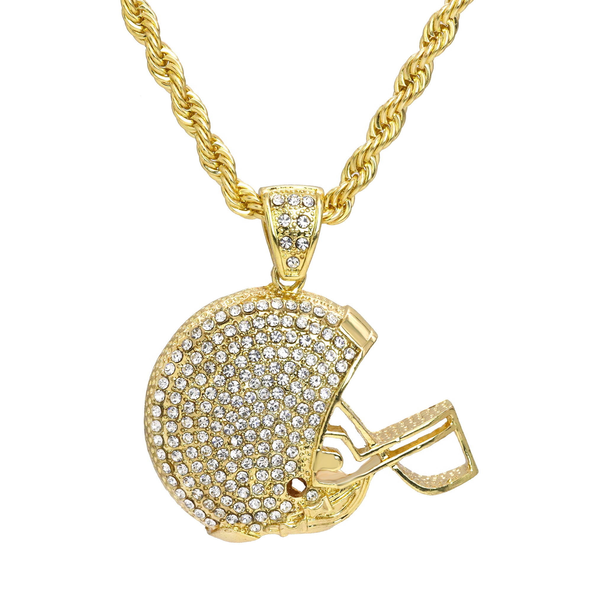 Iced Football Helmet Pendant 30" Rope Chain Hip Hop Style 18k Gold Plated
