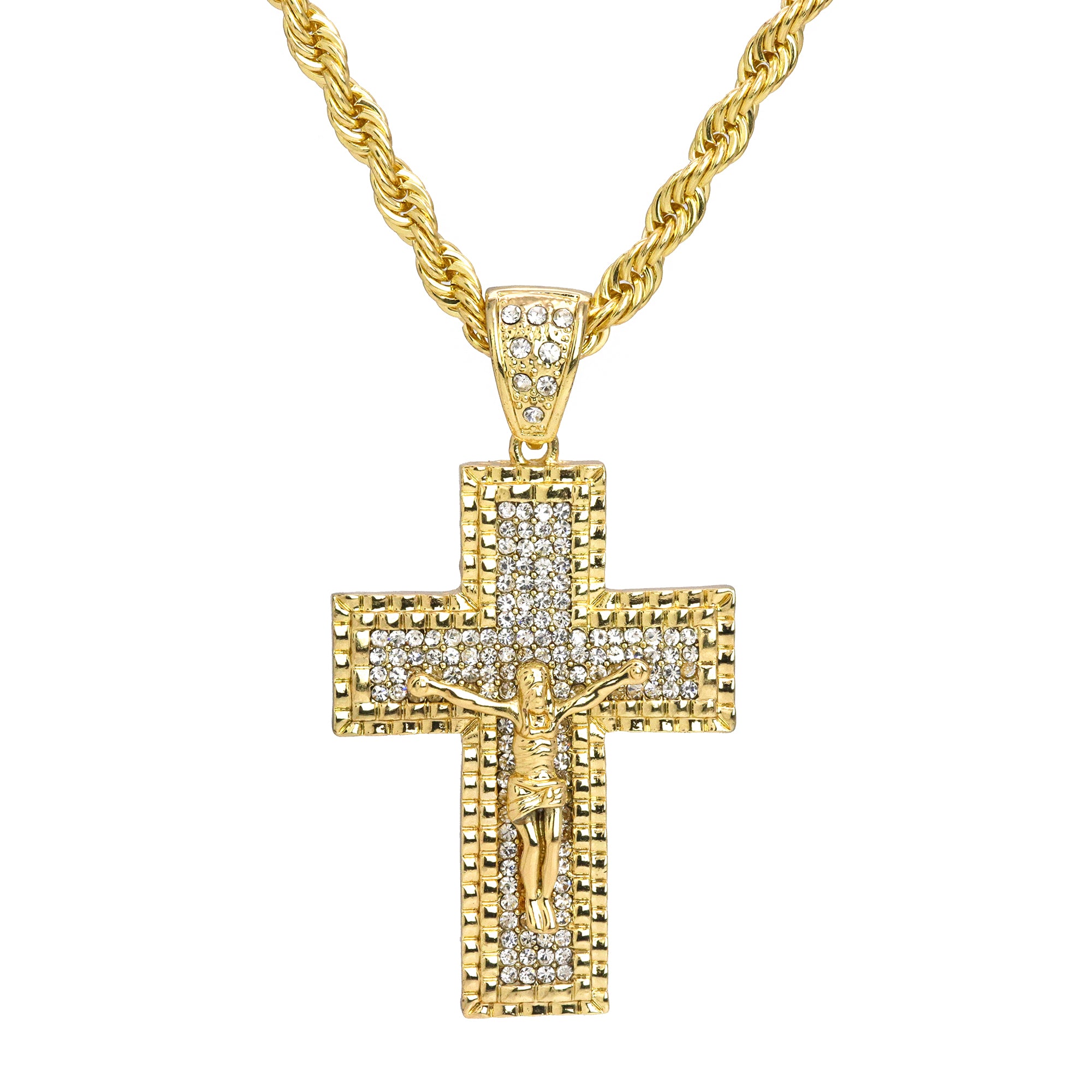 M1 Jesus Cross Pendant 30" Rope Chain Hip Hop Style 18k Gold Plated
