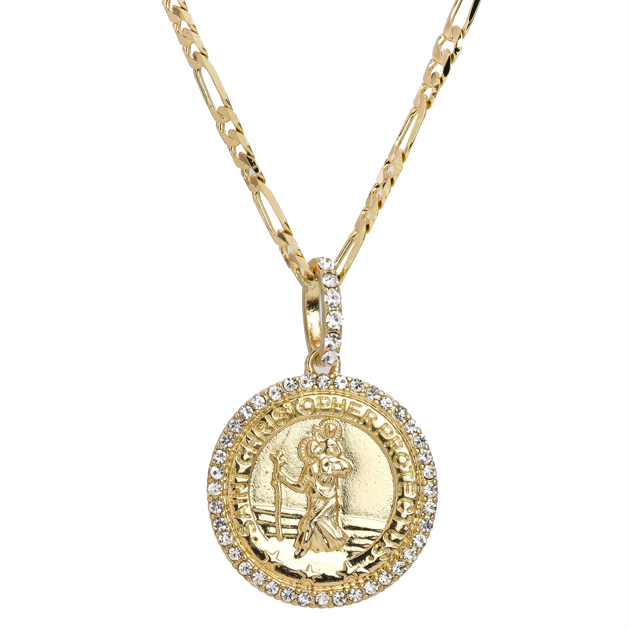 Iced Religious Saint Christopher Pendant 24 Figaro Chain Hip Hop 18k Jewelry Necklace