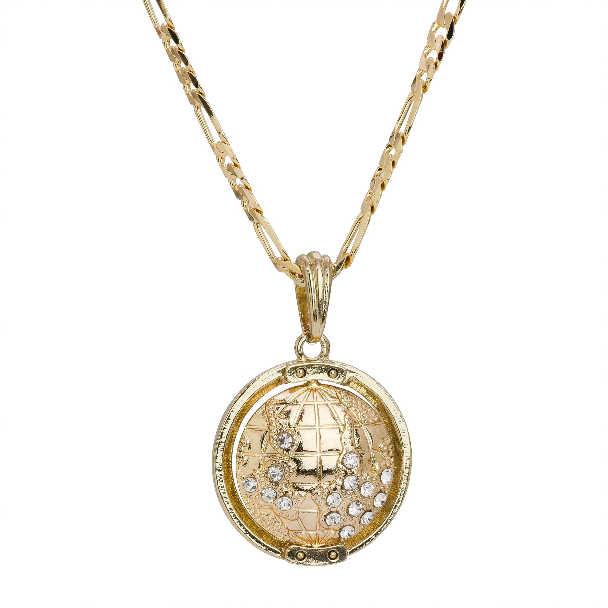 Iced Globe Spinner Pendant 24 Figaro Chain Hip Hop 18k Jewelry Necklace