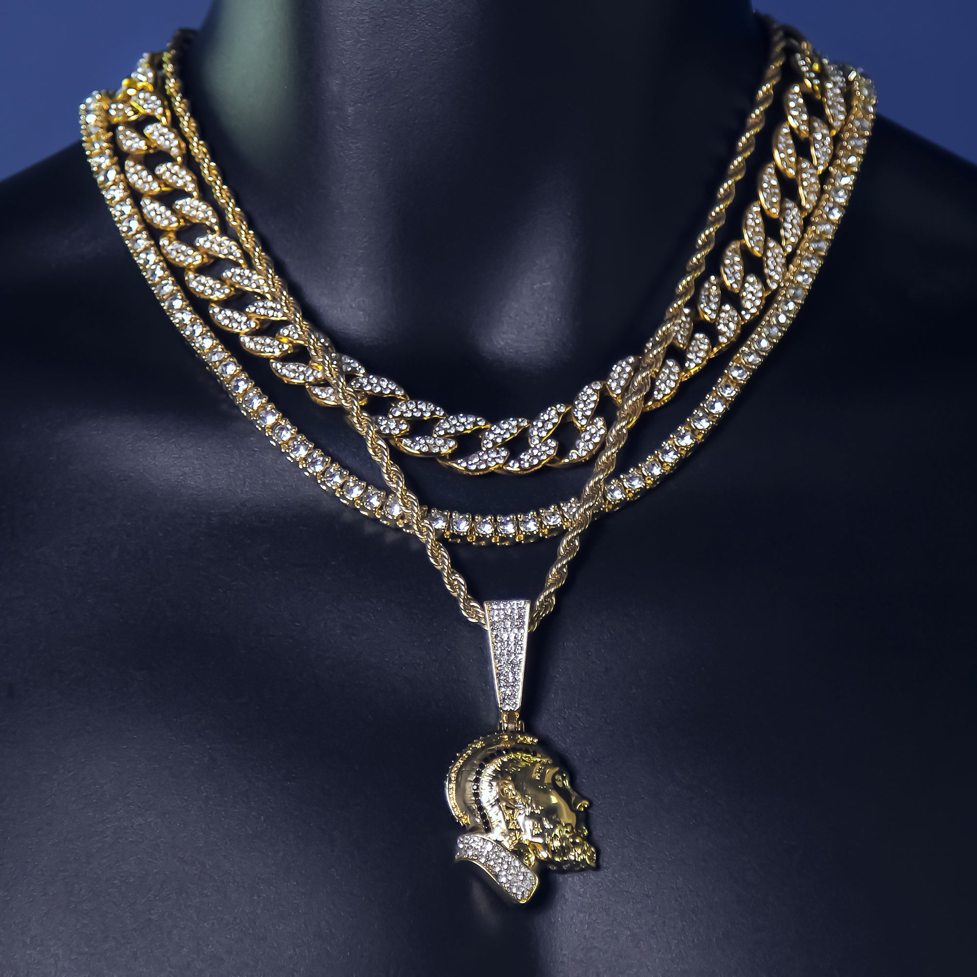 Black Cz Rapper Face NIpsy Hustler 4 Pcs Set Clear Cz Cuban, Tennis & Rope Chain Bundle Gold PT