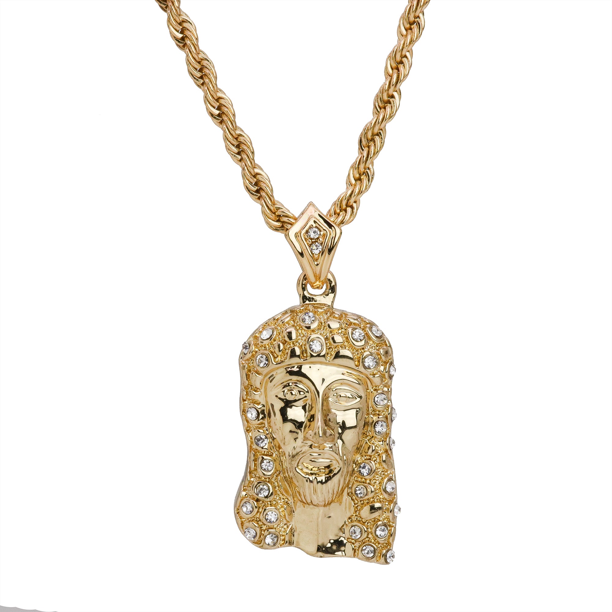 Iced Religious Jesus Face Piece Pendant 24 Rope Chain Hip Hop 18k Jewelry Necklace