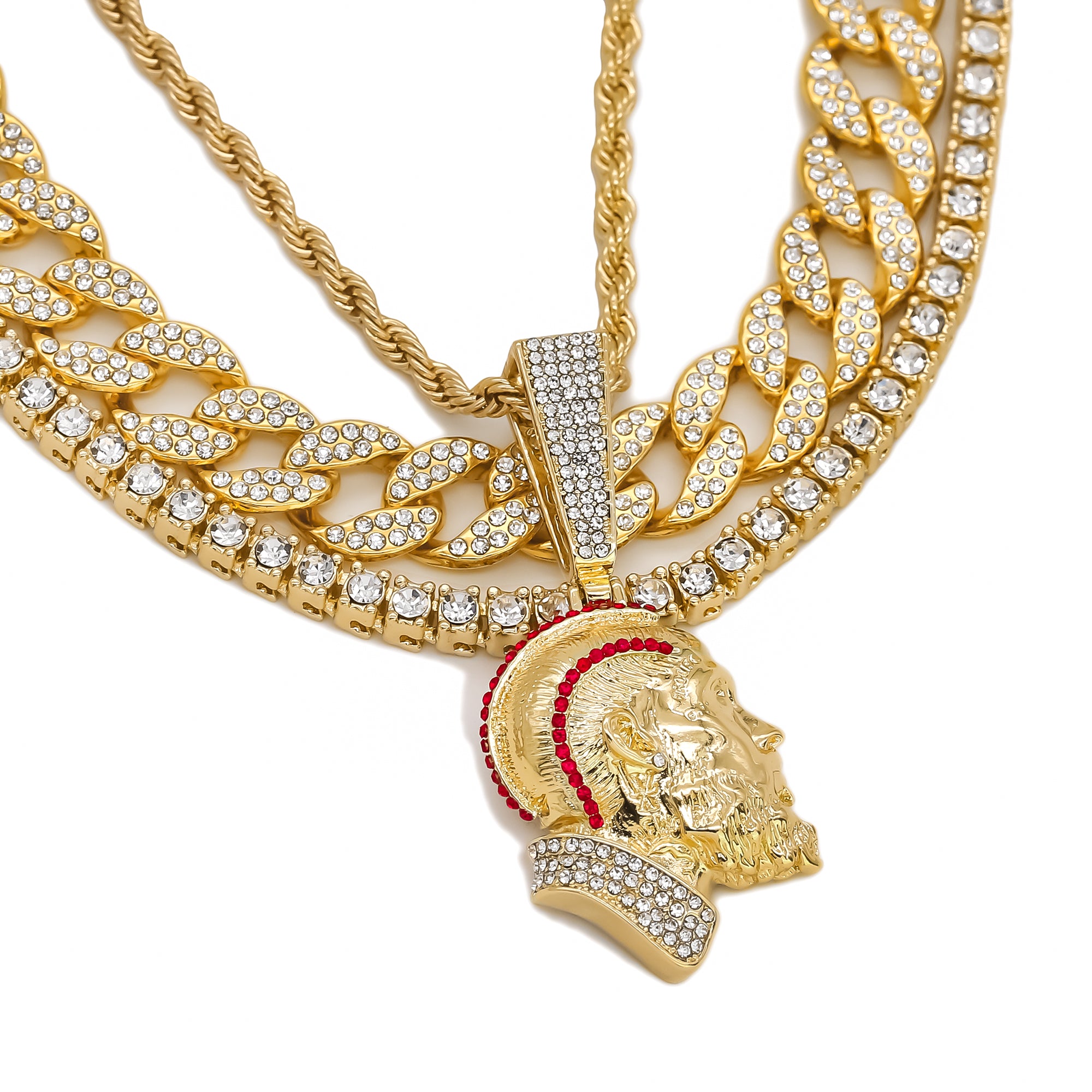 Red Cz Rapper Face NIpsy Hustler 4 Pcs Set Clear Cz Cuban, Tennis & Rope Chain Bundle Gold PT