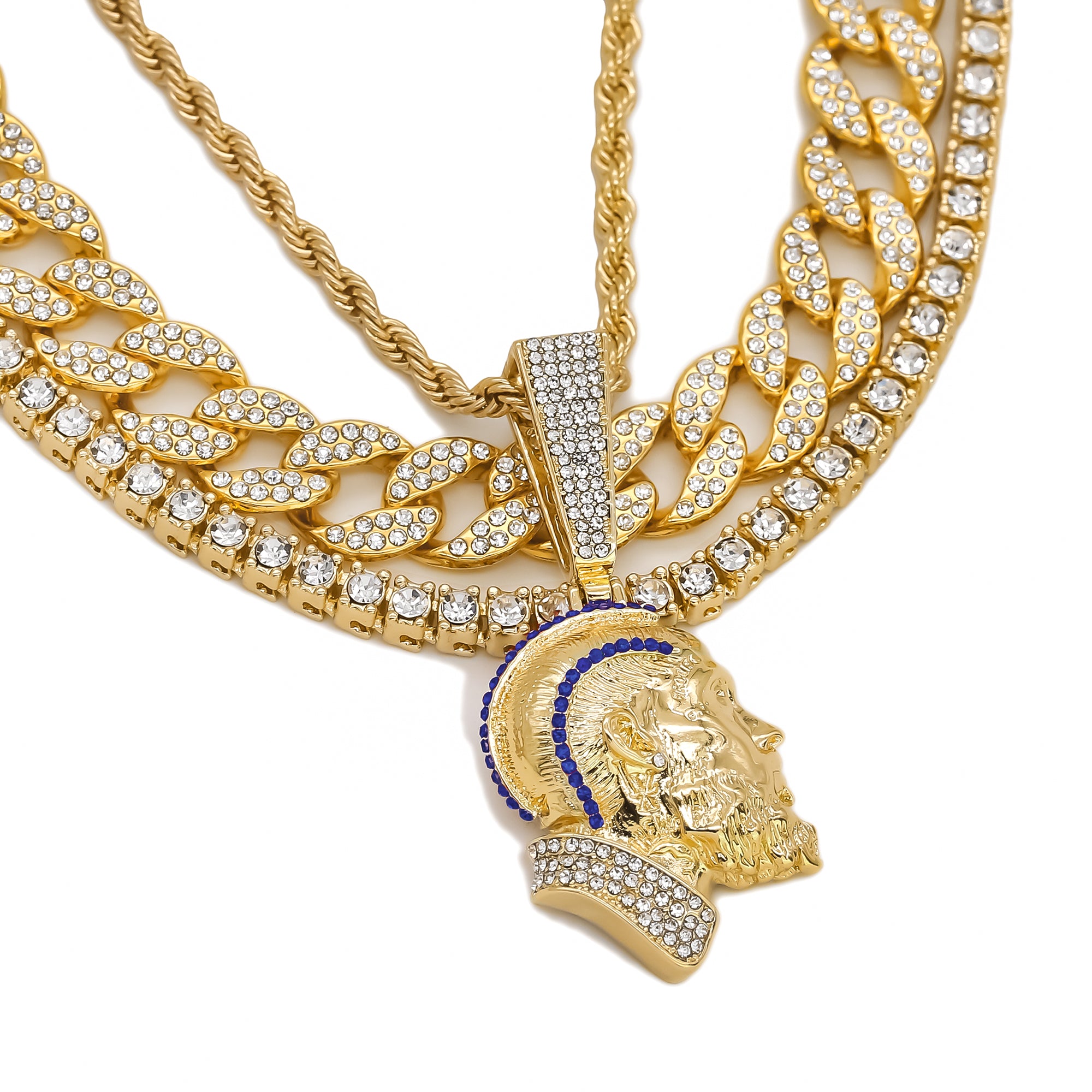 Blue Cz Rapper Face NIpsy Hustler 4 Pcs Set Clear Cz Cuban, Tennis & Rope Chain Bundle Gold PT