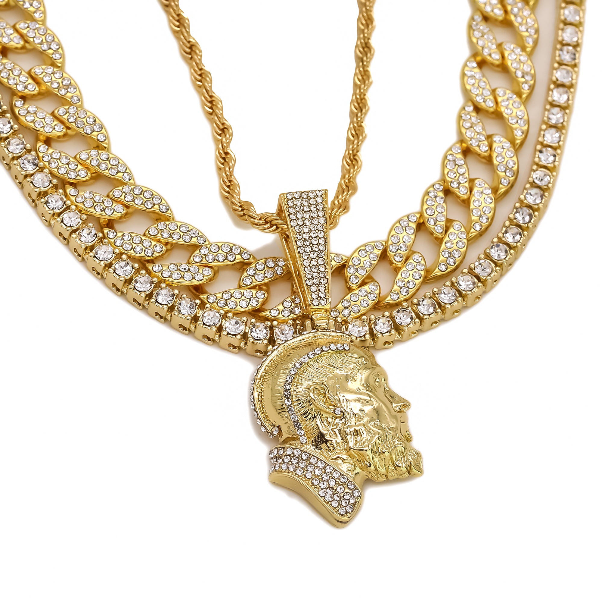 Clear Cz Rapper Face NIpsy Hustler 4 Pcs Set Clear Cz Cuban, Tennis & Rope Chain Bundle Gold PT