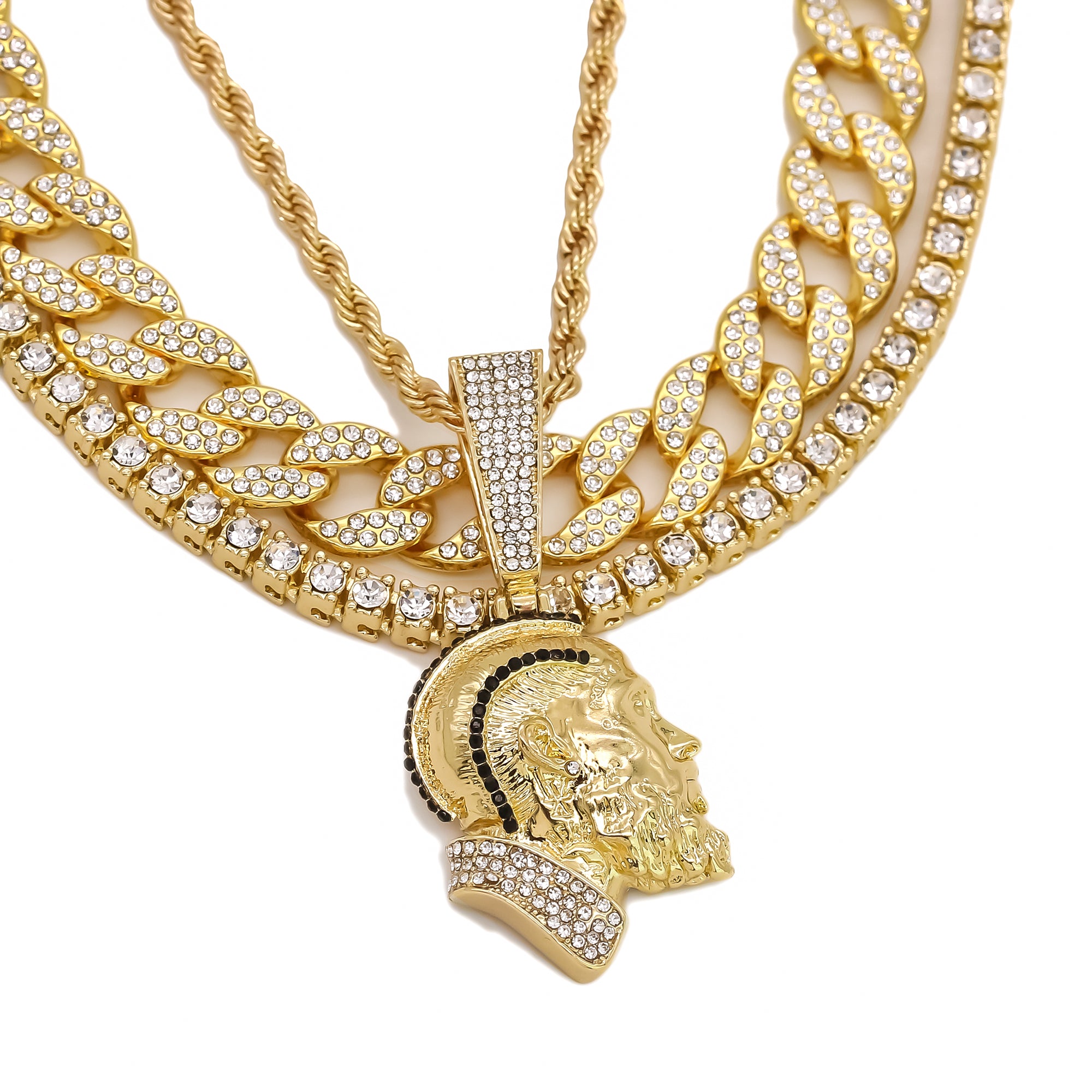 Black Cz Rapper Face NIpsy Hustler 4 Pcs Set Clear Cz Cuban, Tennis & Rope Chain Bundle Gold PT