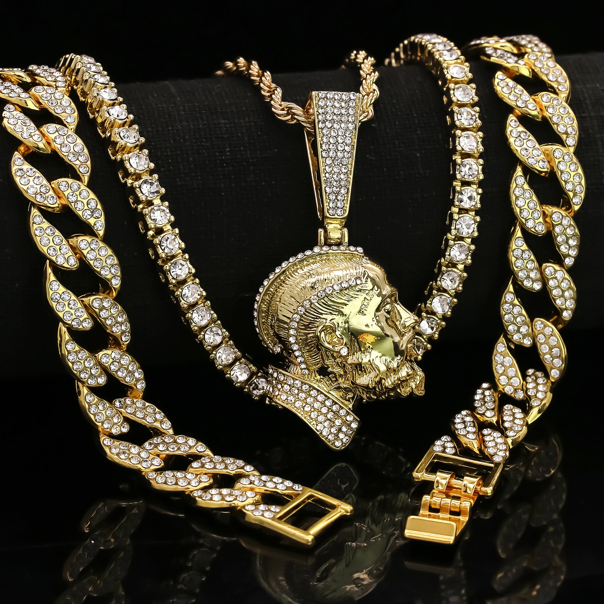 Clear Cz Rapper Face NIpsy Hustler 4 Pcs Set Clear Cz Cuban, Tennis & Rope Chain Bundle Gold PT