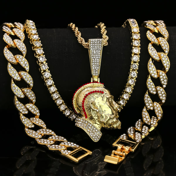 Hip Hop jewelry Set Of 3 Chains & 14k Gold Pendant Necklace