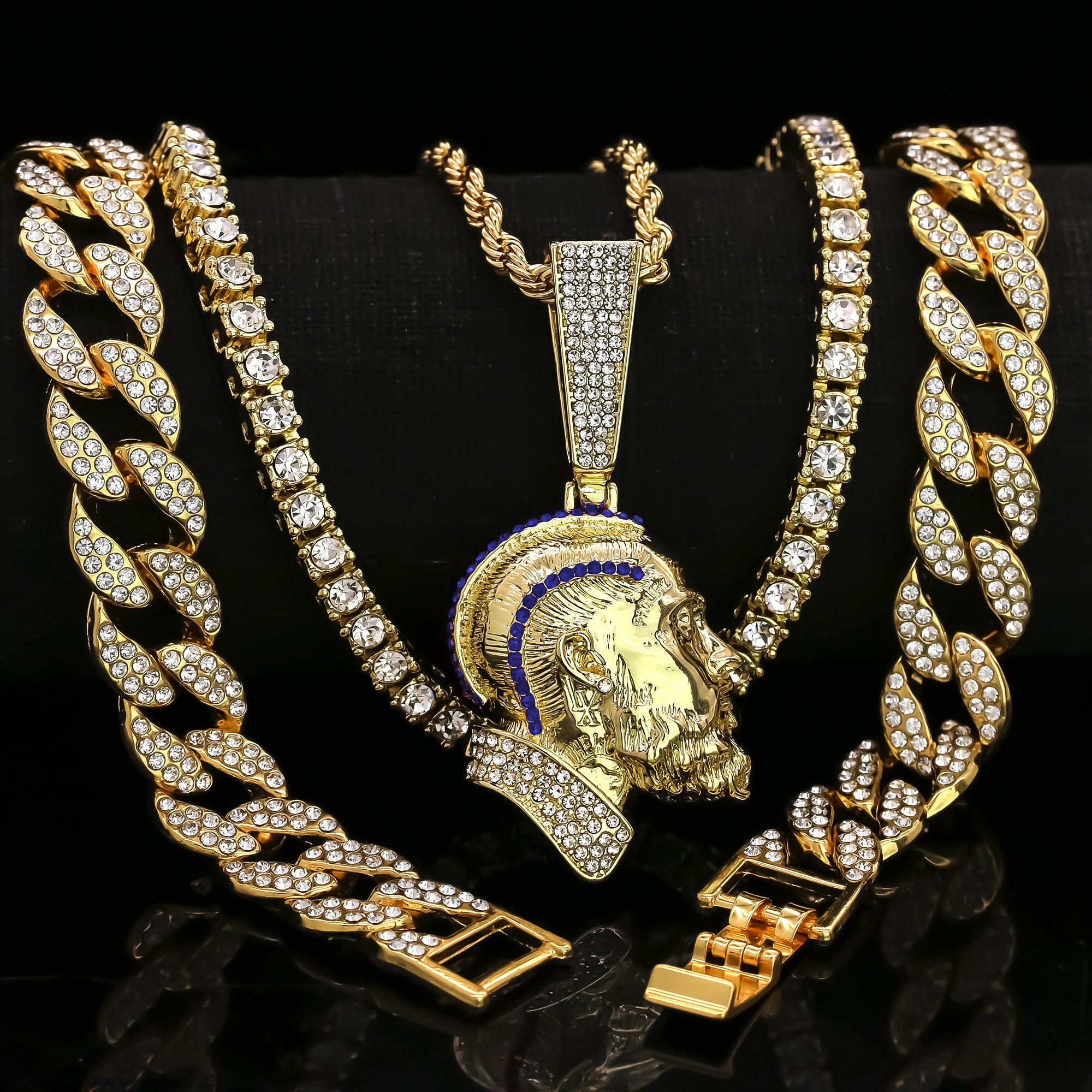 Blue Cz Rapper Face NIpsy Hustler 4 Pcs Set Clear Cz Cuban, Tennis & Rope Chain Bundle Gold PT