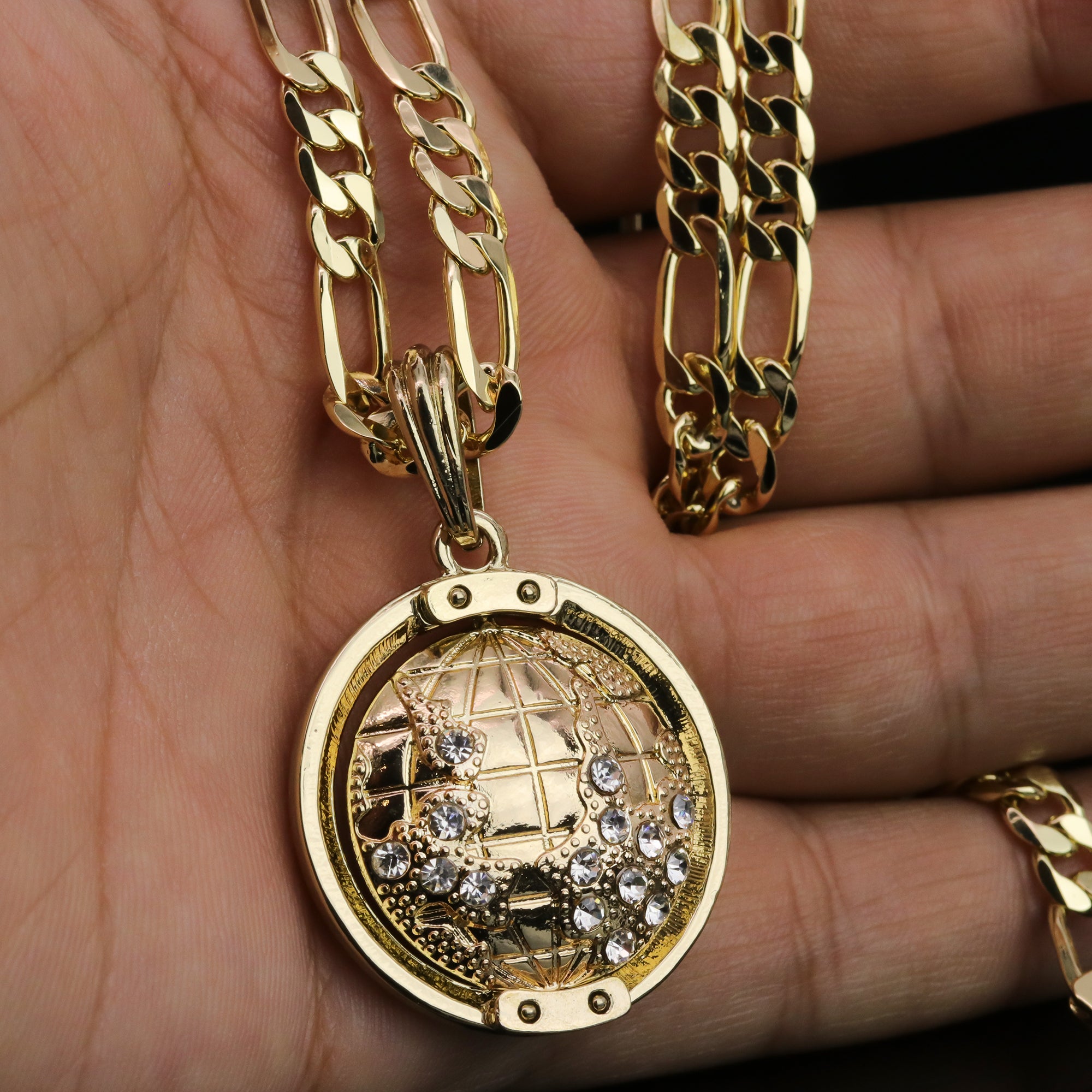 Iced Globe Spinner Pendant 24 Figaro Chain Hip Hop 18k Jewelry Necklace