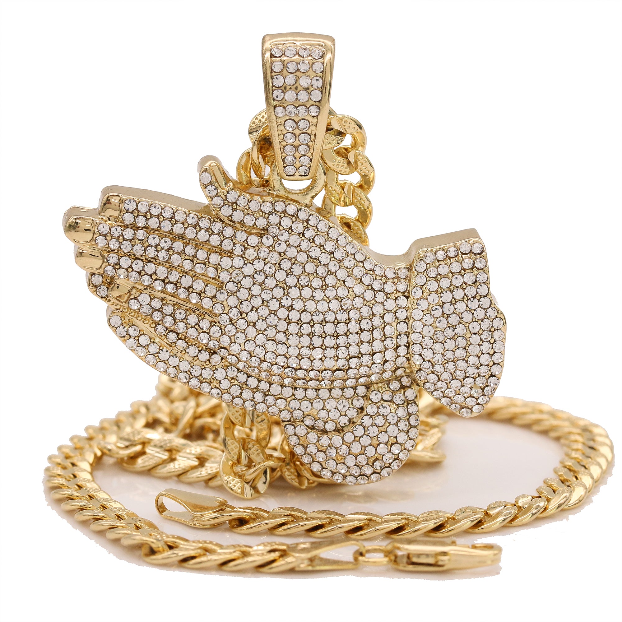 14k Gold Plated Thick Layer Prayer Hands Pendant 24" Frost Cuban Chain