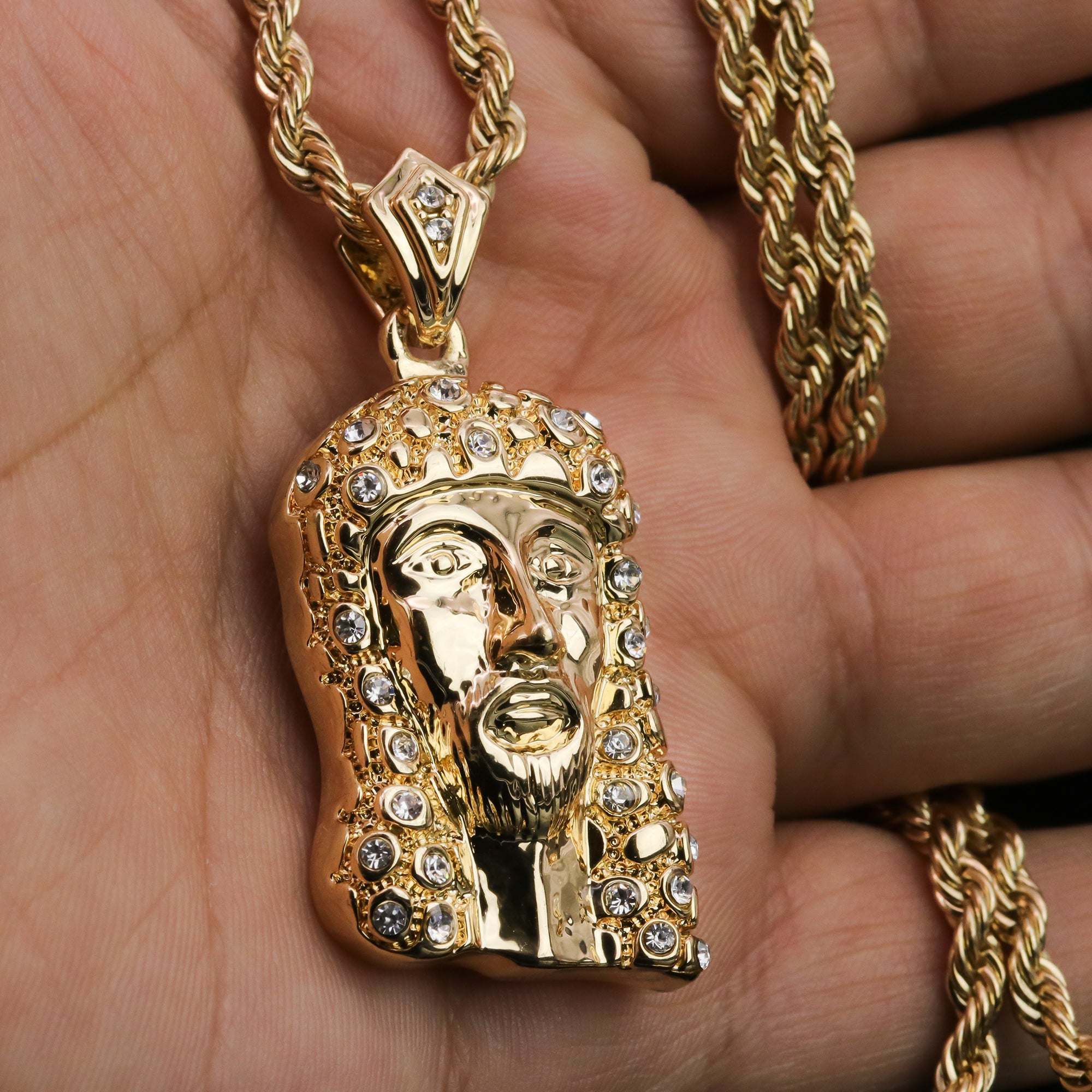 Iced Religious Jesus Face Piece Pendant 24 Rope Chain Hip Hop 18k Jewelry Necklace