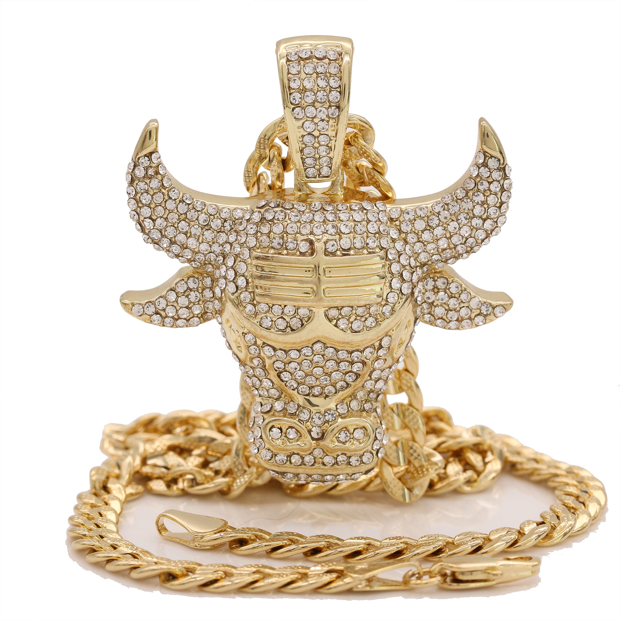 14k Gold Plated Thick Layer Bull Pendant 24" Frost Cuban Chain Necklace